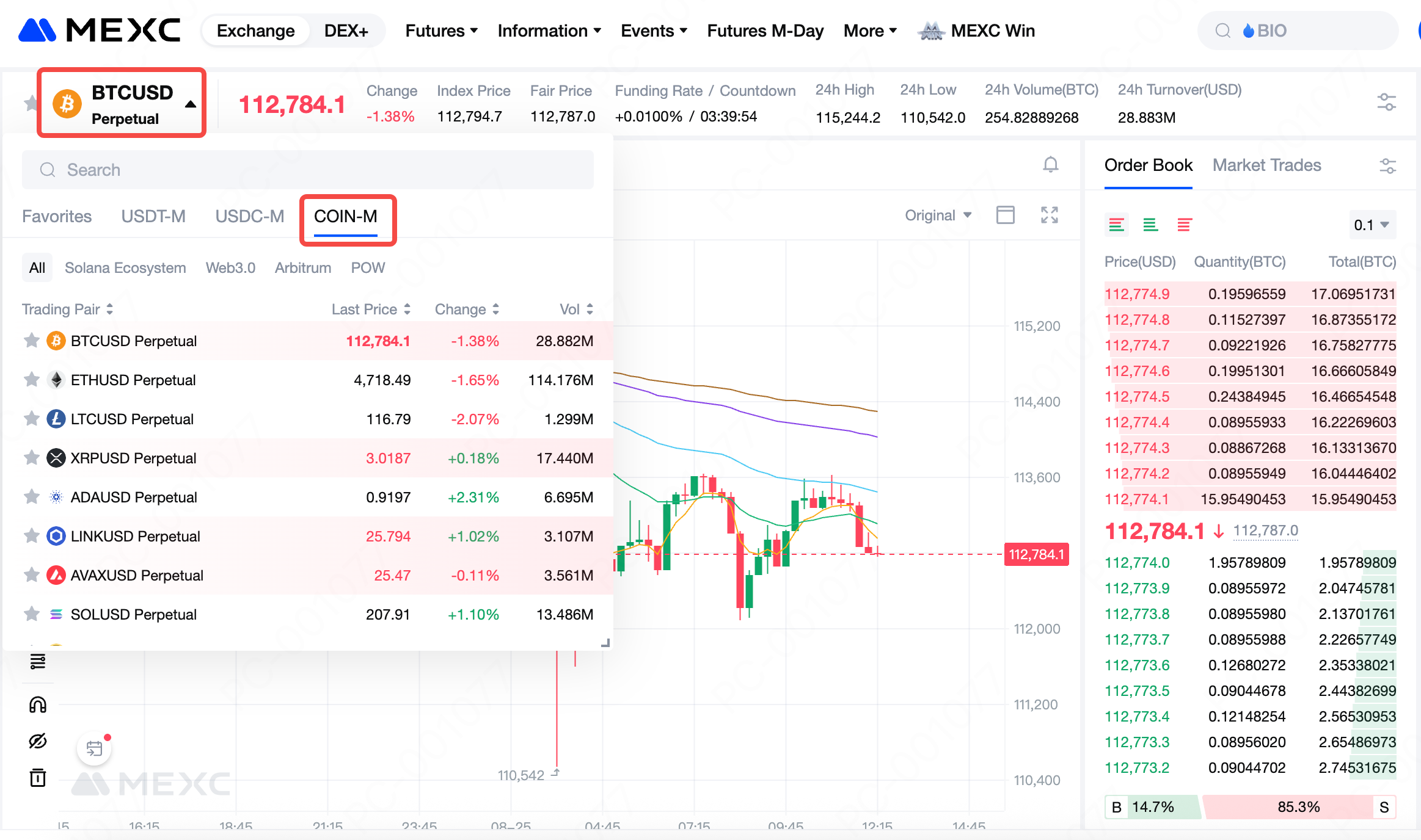 在交易介面左上方,您可以選擇您感興趣的交易對。
