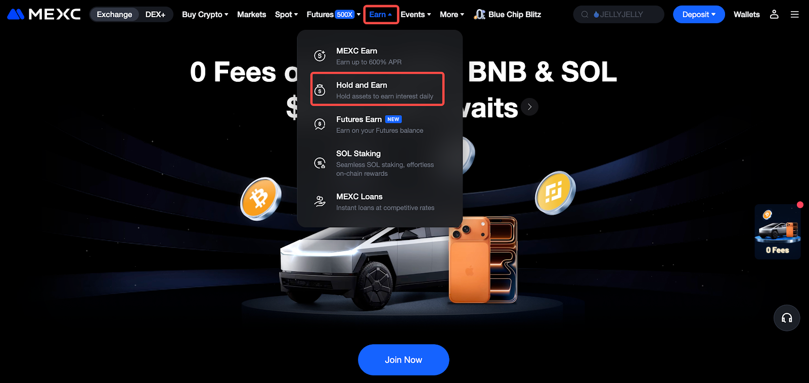 打開 MEXC 官網並登入您的帳戶。將滑鼠移至頂部導航欄的【理財】,然後在下拉選單中點擊【現貨持倉賺幣】。