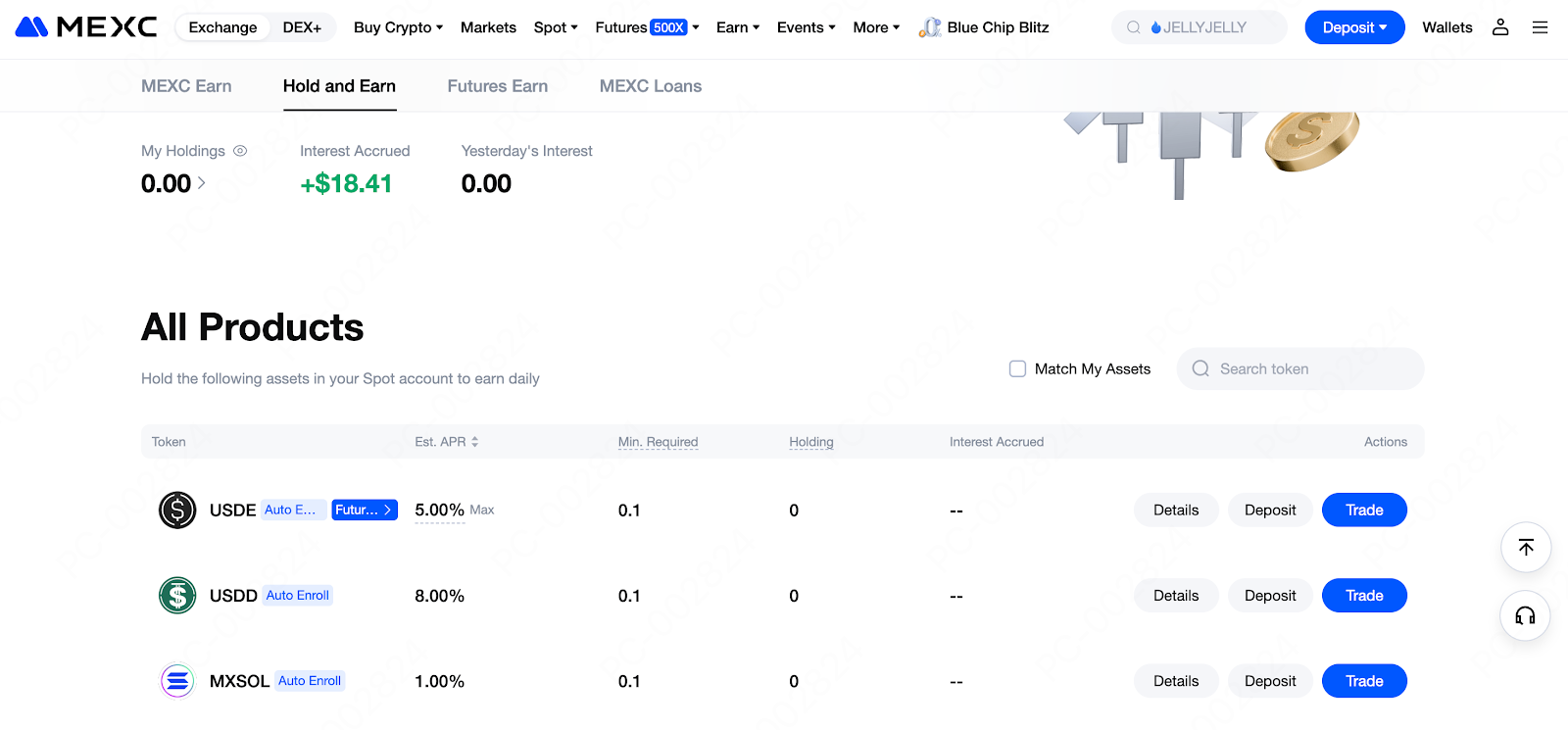 在活動頁面向下滑動,您會看到【所有產品】列表。這裡展示了當前所有支持持倉賺幣的幣種、預估 APR、以及最低持倉要求。
