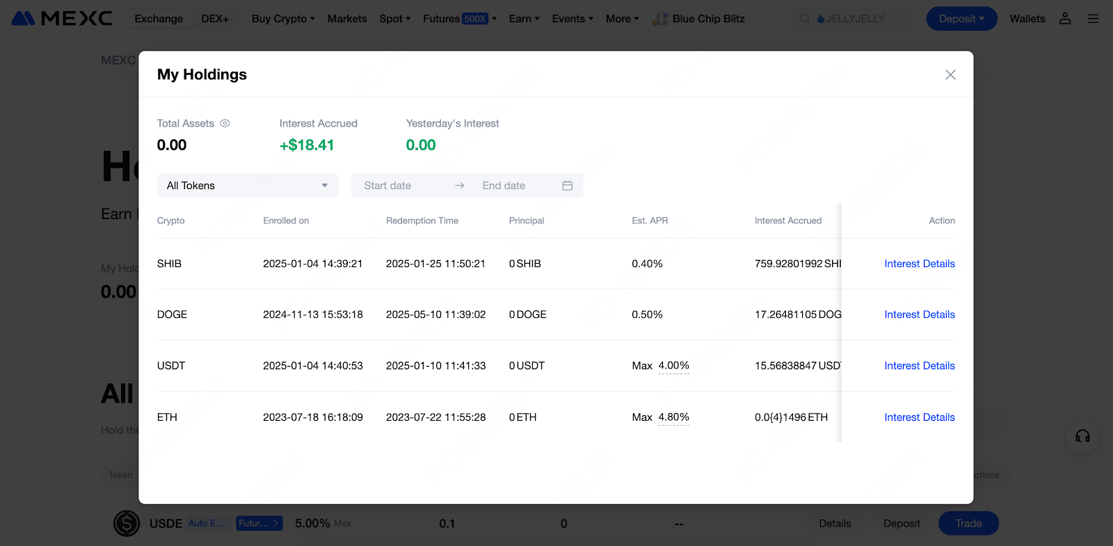 在持倉賺幣頁面頂部,點擊【我的持倉】分頁。
