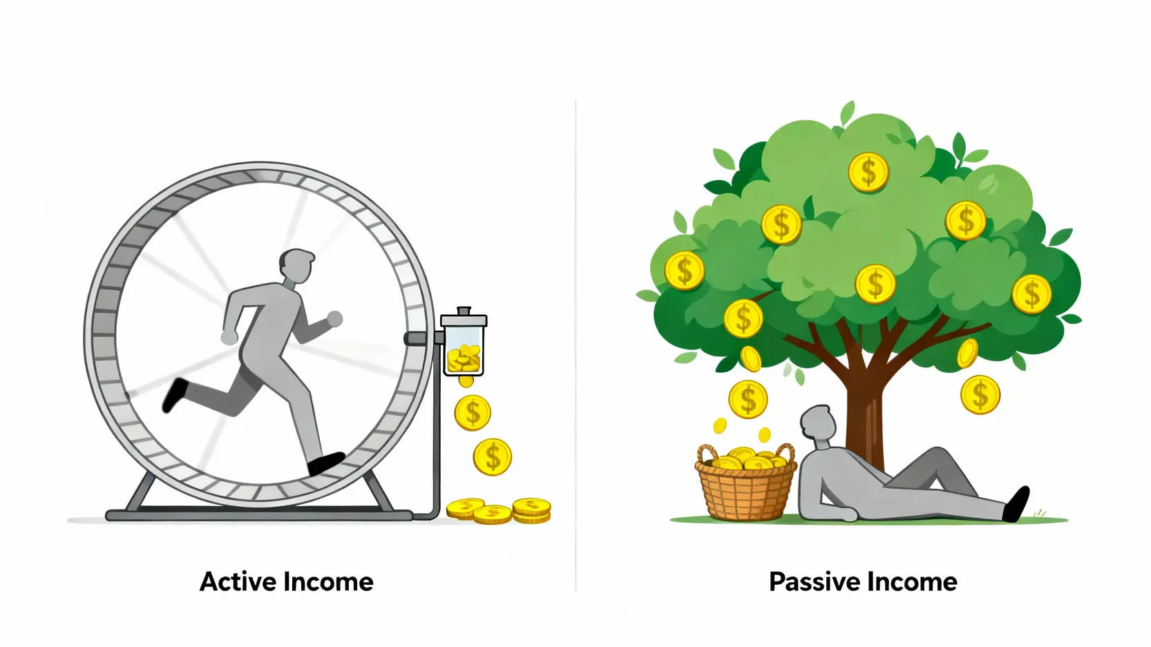 主動收入與被動收入的對比圖,左邊是人跑滾輪換取金錢,右邊是資產(樹)自動產生金錢。
