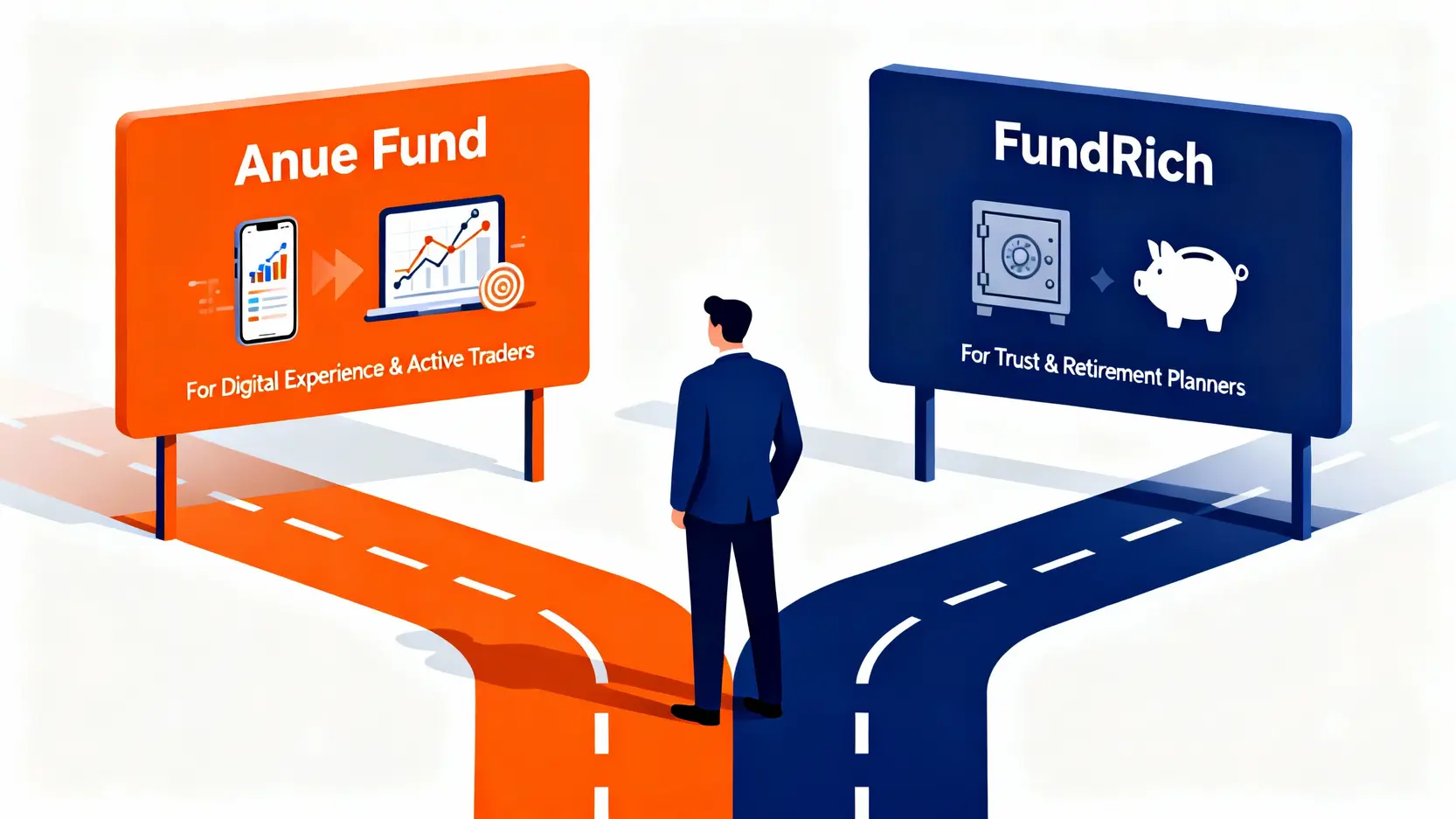 投資者選擇指南圖,描繪一個站在十字路口的人,左邊是通往重視數位體驗與靈活交易的鉅亨之路,右邊是通往強調穩健與退休規劃的基富通路。