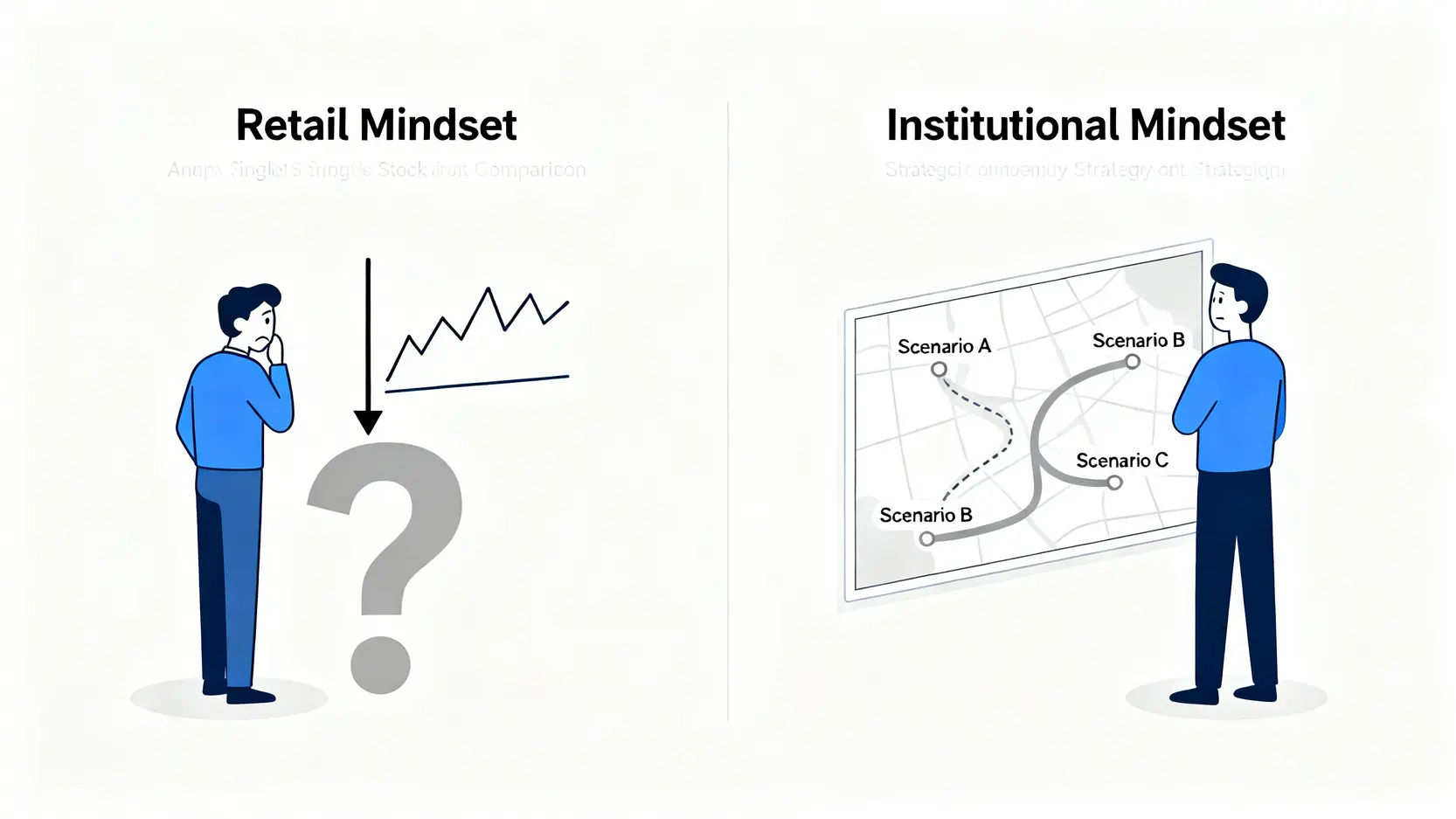 散戶思維與機構思維在熊市中的對比圖,散戶猜測底部,機構進行情境規劃。