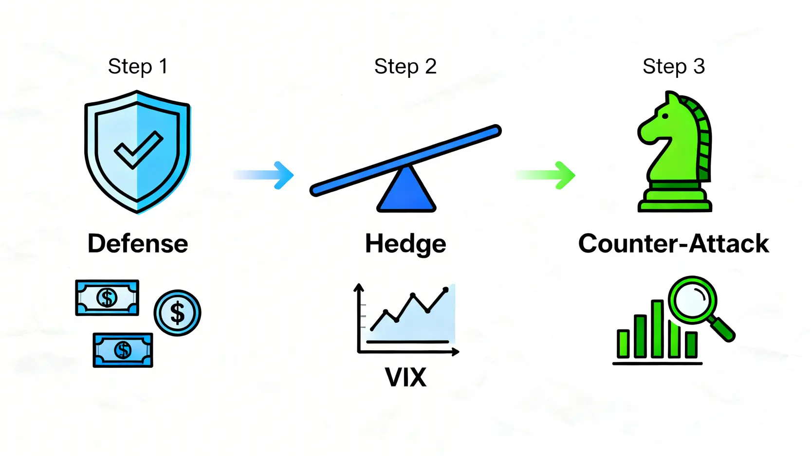 熊市投資的三階段策略流程圖,從防禦、對沖到反擊。