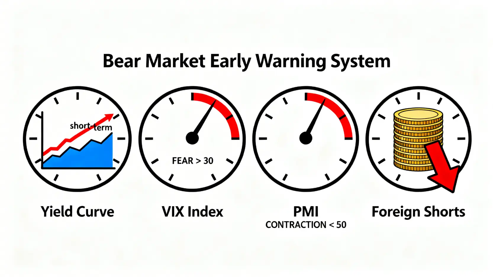 熊市早期預警儀表板,顯示四項關鍵金融指標:殖利率倒掛、VIX恐慌指數、PMI指數和外資空單。