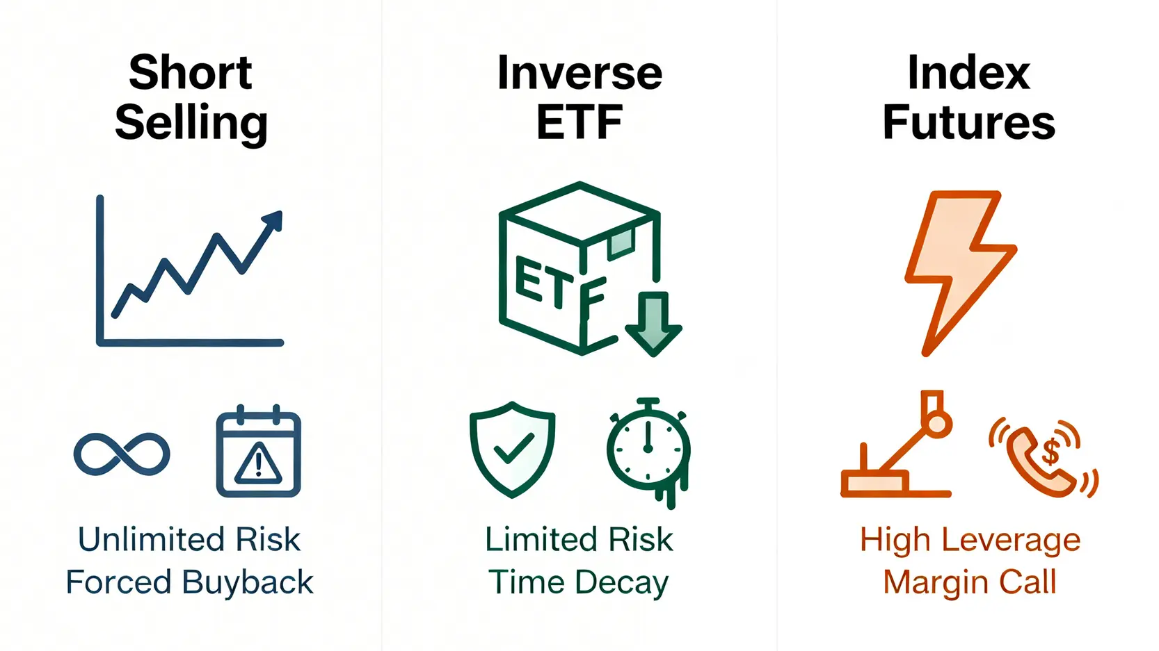 三種熊市避險工具對比圖:融券放空(高風險)、反向ETF(短期、有耗損)、台指期貨(高槓桿)。