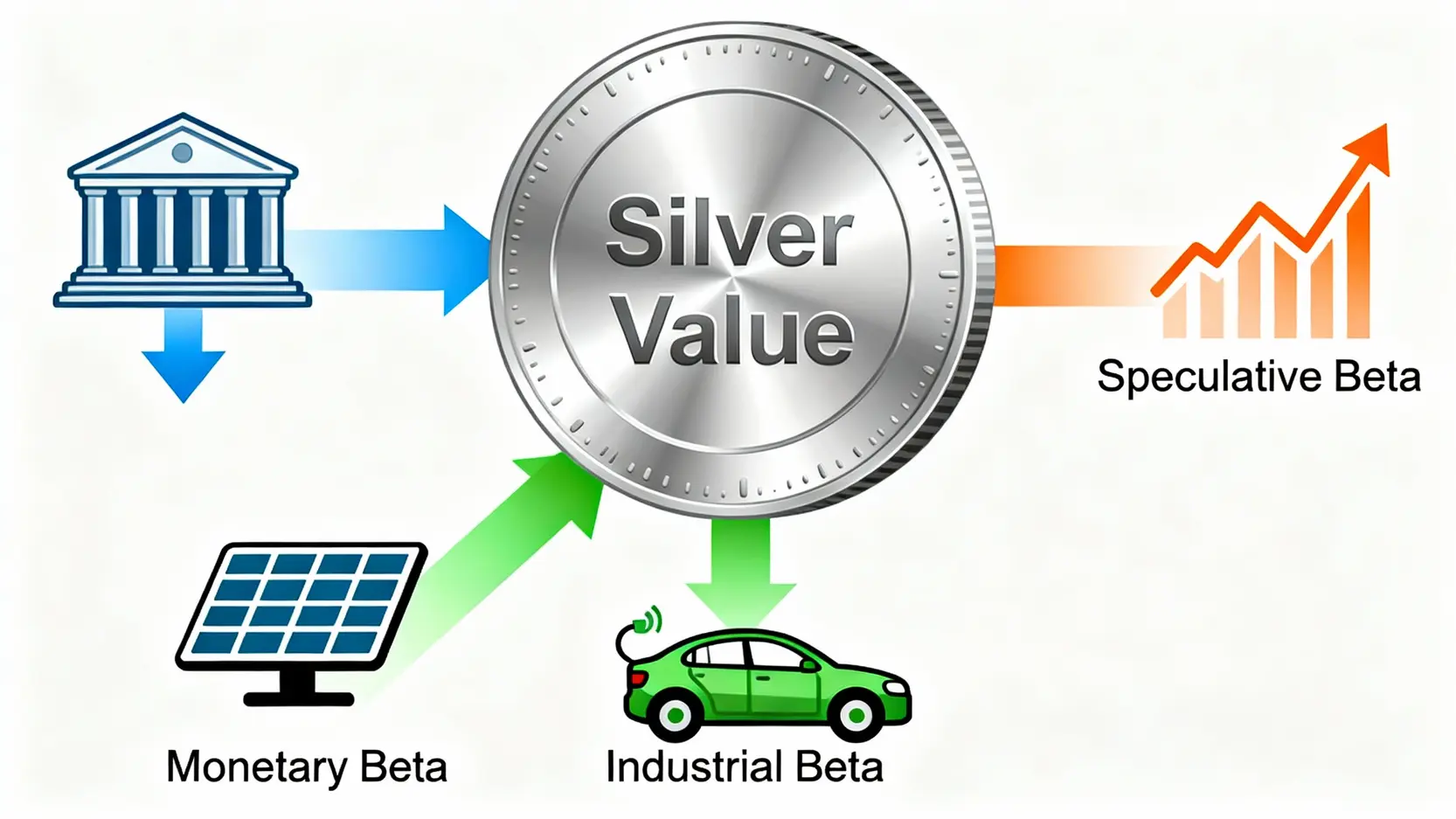 2026白銀投資三重Beta概念圖,展示了貨幣、工業與投機三大驅動力如何共同影響白銀價值。