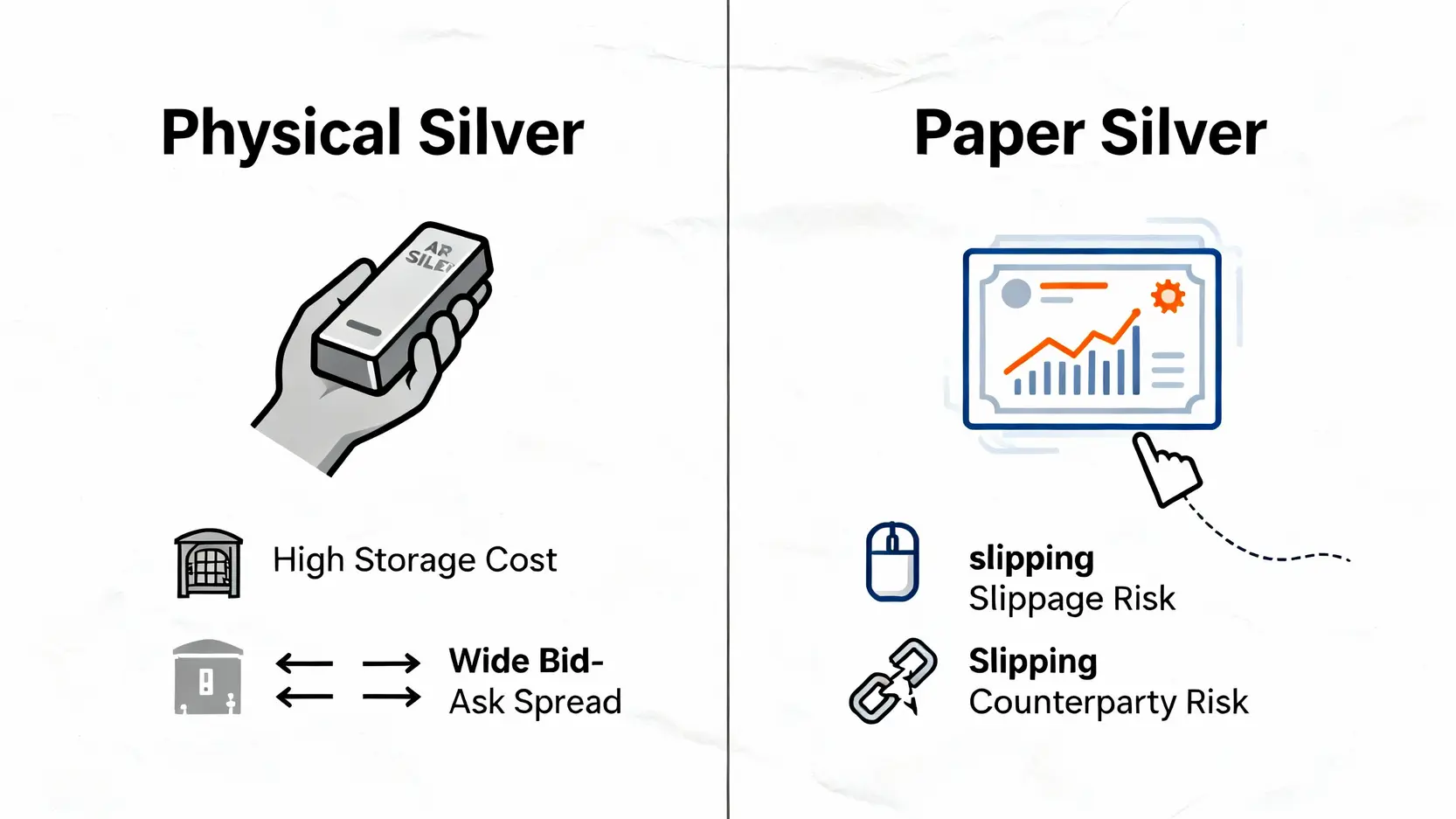 實體白銀與紙白銀投資對比圖,展示了兩者在成本、風險和所有權上的核心差異。