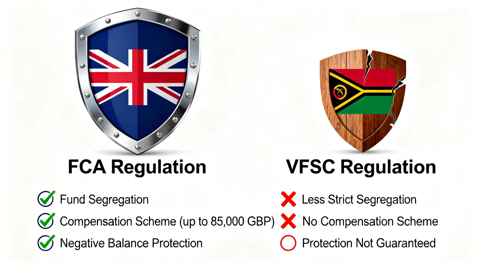 FCA與VFSC監管的投資者保障對比圖,顯示FCA在資金隔離、補償計畫和負餘額保護方面的顯著優勢。