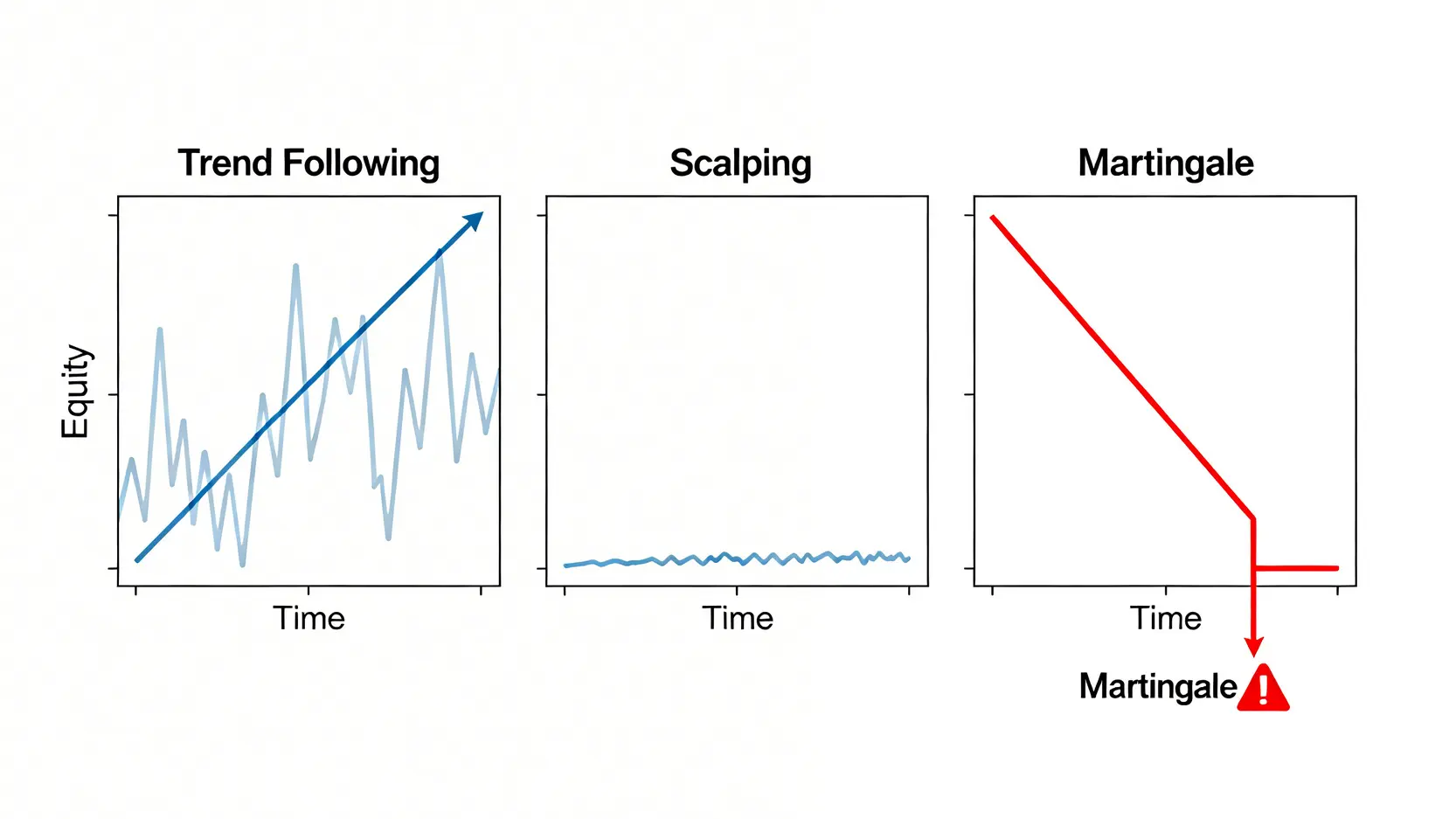 三種交易策略的資金曲線對比圖:趨勢跟隨、剝頭皮和高風險的馬丁格爾策略。