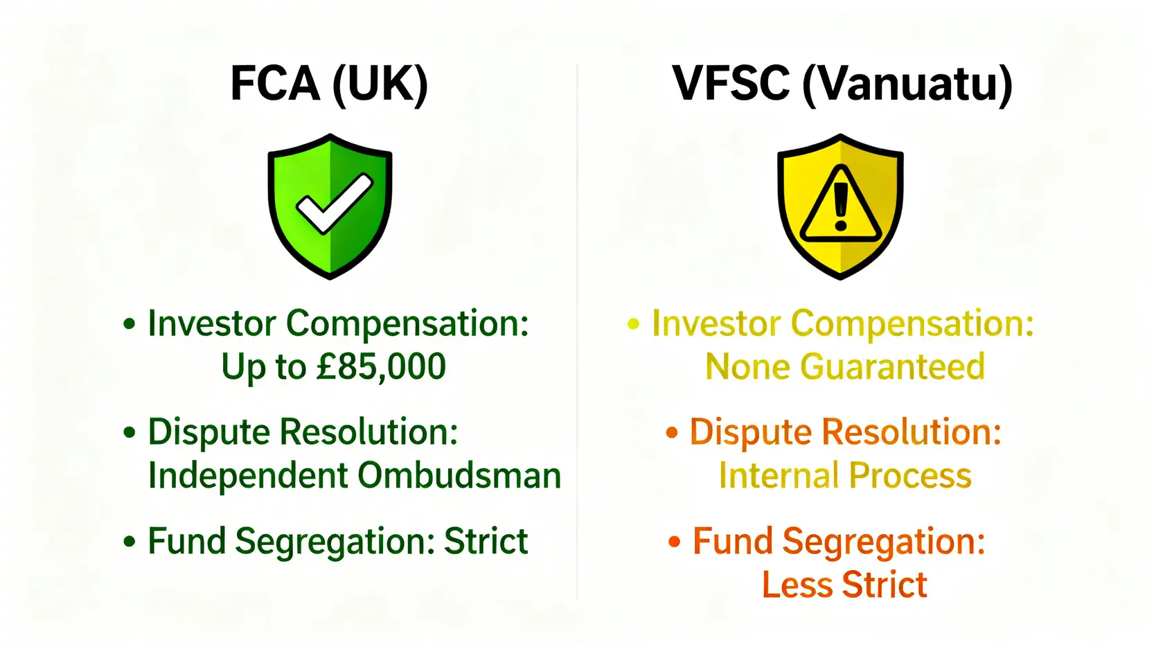 一張對比圖,比較英國FCA與瓦努阿圖VFSC兩種金融監管機構在投資者保護方面的差異,包括賠償基金、爭議處理和資金隔離。