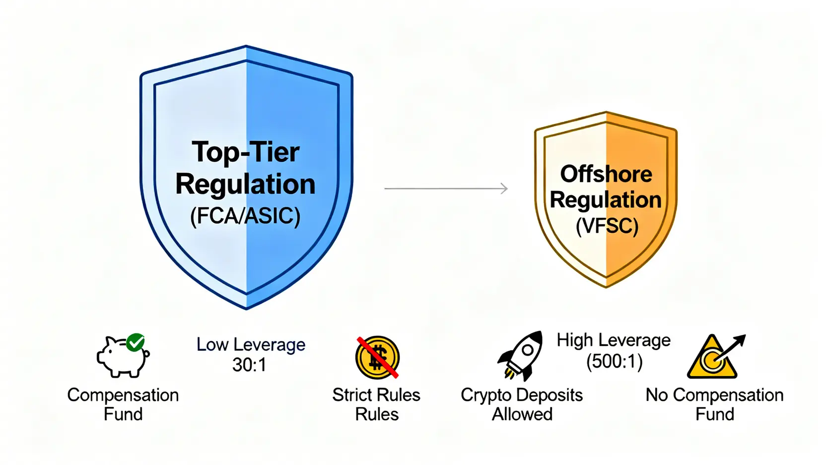 頂級監管(如FCA)與離岸監管(如VFSC)的對比圖,展示了兩者在投資者賠償基金、槓桿上限和規則上的差異。