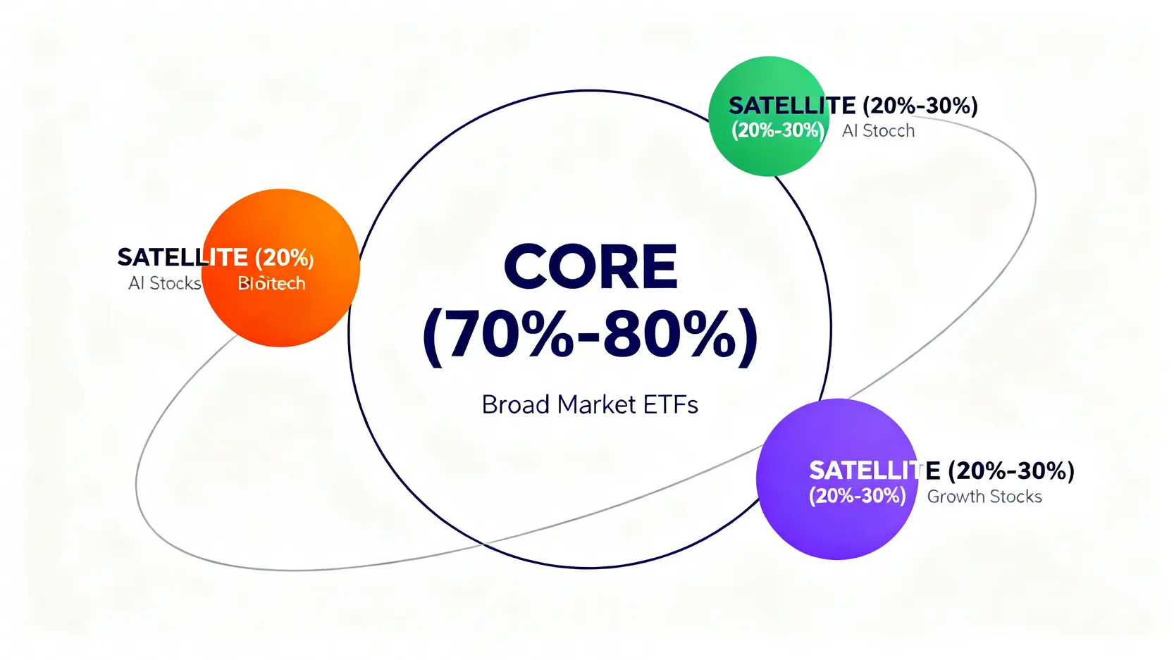 核心衛星資產配置模型示意圖,展示了70-80%的核心資產(如指數ETF)和20-30%的衛星資產(如主題股或ETF)的組合。