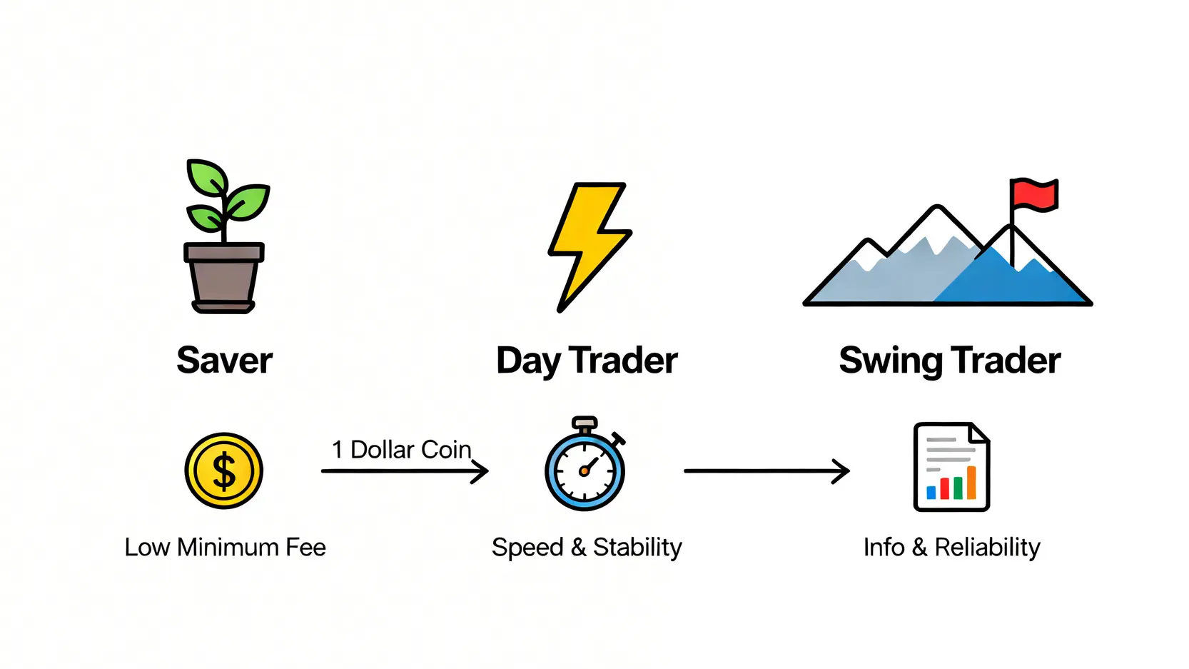 三種投資風格與其對應的券商選擇標準示意圖:存股族重視低消、當沖客重視速度、波段投資者重視資訊與可靠性。