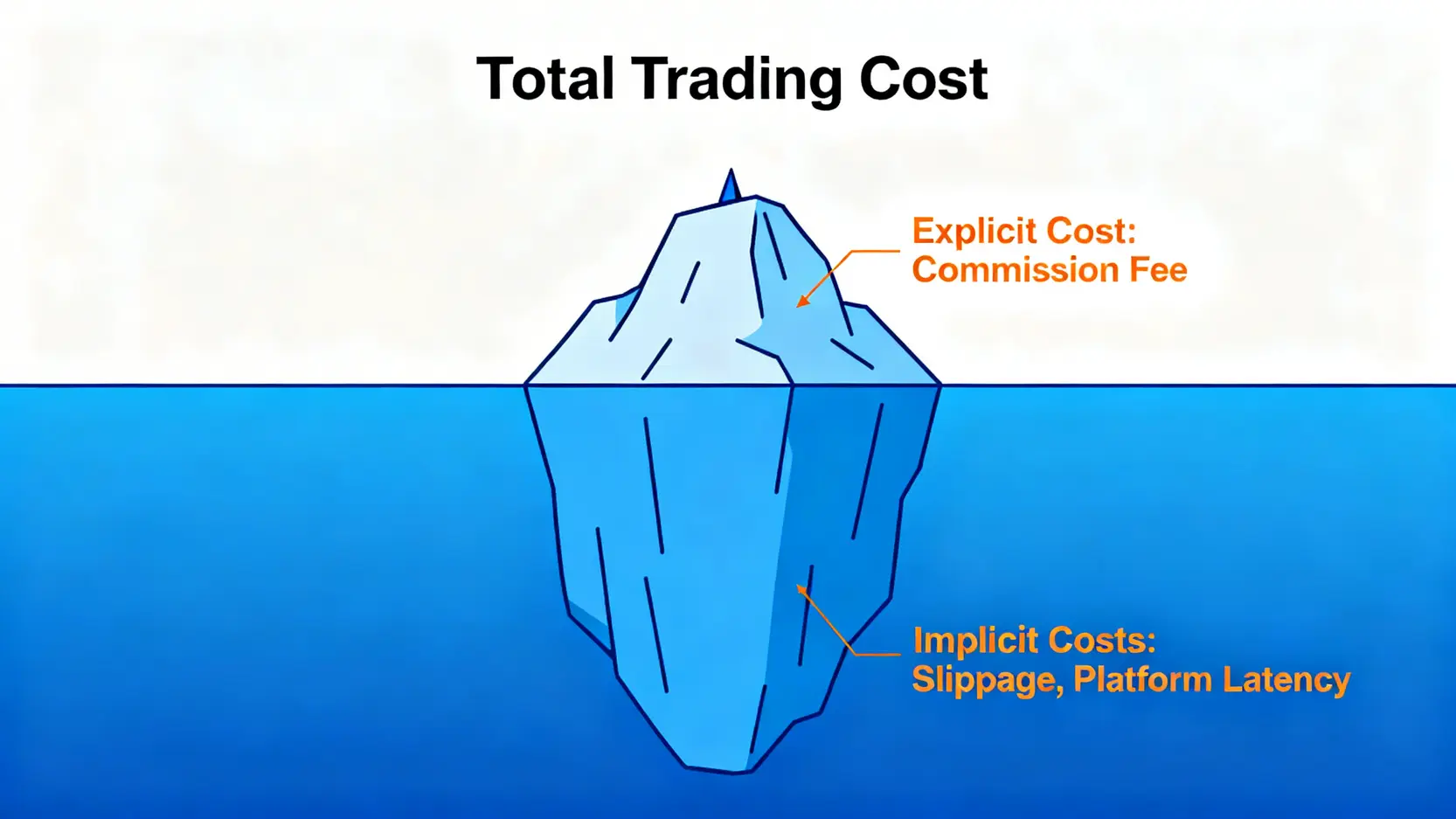 交易總成本冰山模型圖,顯示可見的手續費僅是總成本的一小部分,而看不見的滑價與平台延遲成本才是主體。