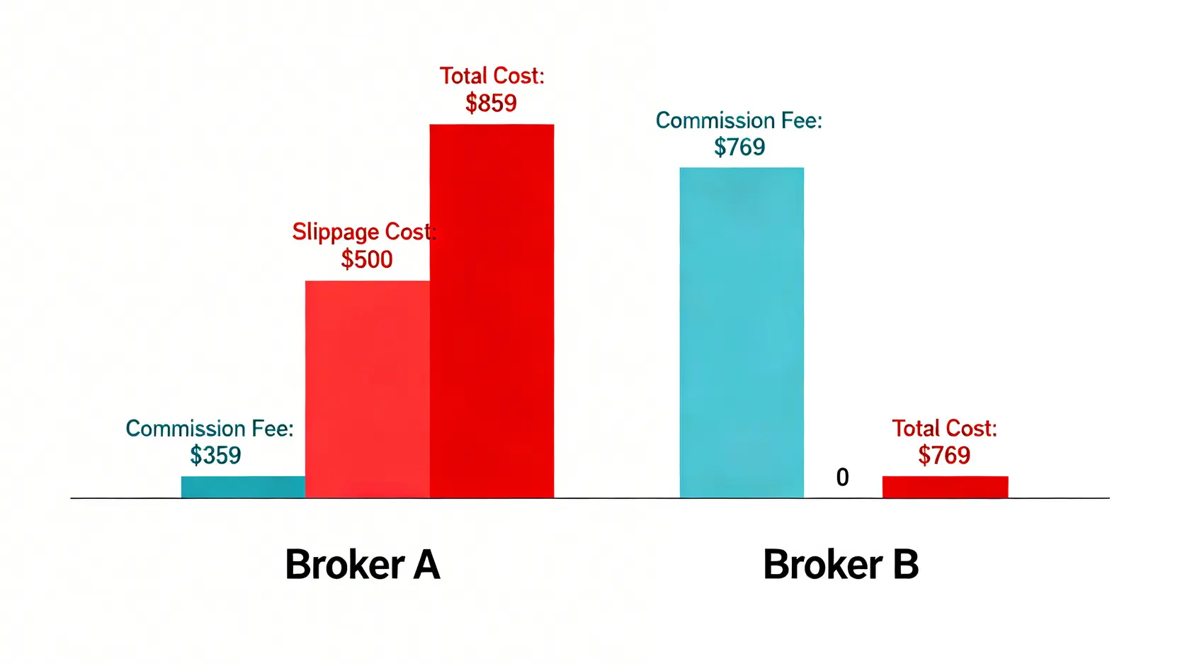 A券商與B券商交易總成本對比圖。圖表顯示A券商雖然手續費較低,但因滑價成本較高,導致總成本反而高於手續費較高但無滑價的B券商。