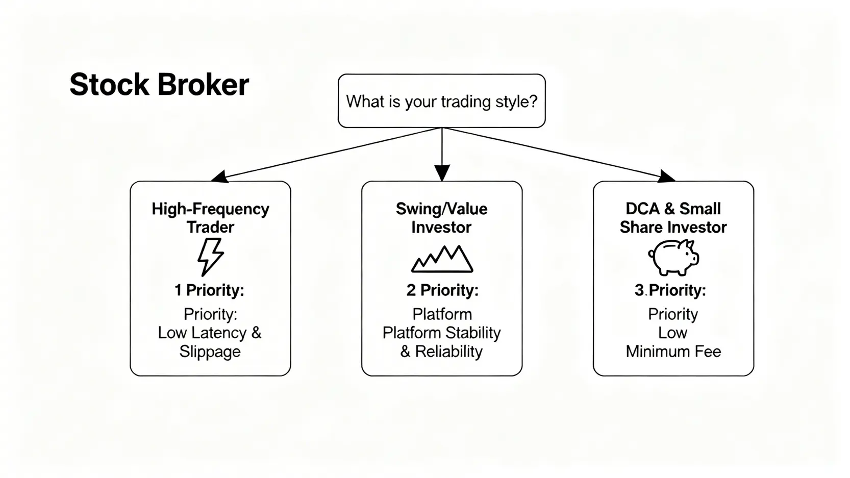 投資者選擇券商的決策流程圖,根據高頻交易、波段投資、零股存股三種不同風格,分別指向各自應優先考量的券商特點:低延遲、平台穩定性與低最低收費。