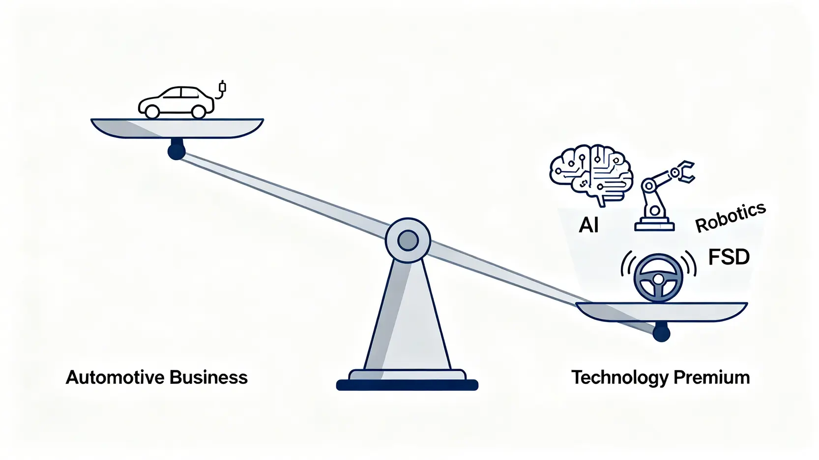 一個平衡秤,左邊較輕的一端是汽車業務,右邊較重的一端是AI、機器人和FSD等科技溢價,解釋了特斯拉的高估值。