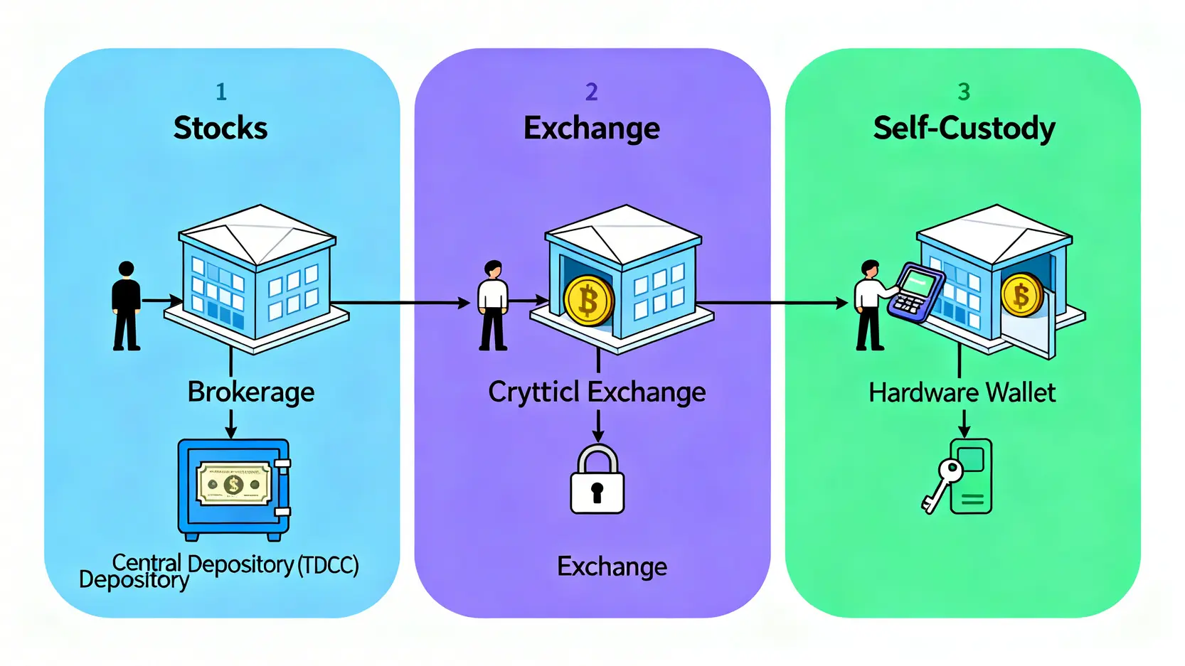 資產託管風險對比圖,展示股票透過券商與集保中心的安全託管、加密貨幣在交易所的風險以及使用硬體錢包的自我託管模式。