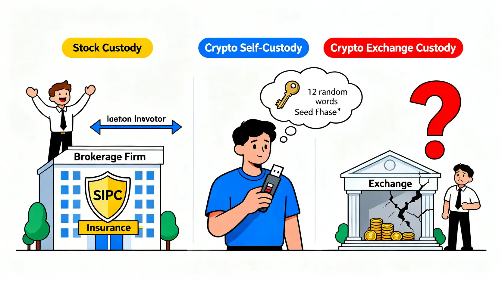 股票與加密貨幣的資產託管模式對比圖,展示了券商託管、硬體錢包自我託管以及交易所託管三種方式的安全性與風險。