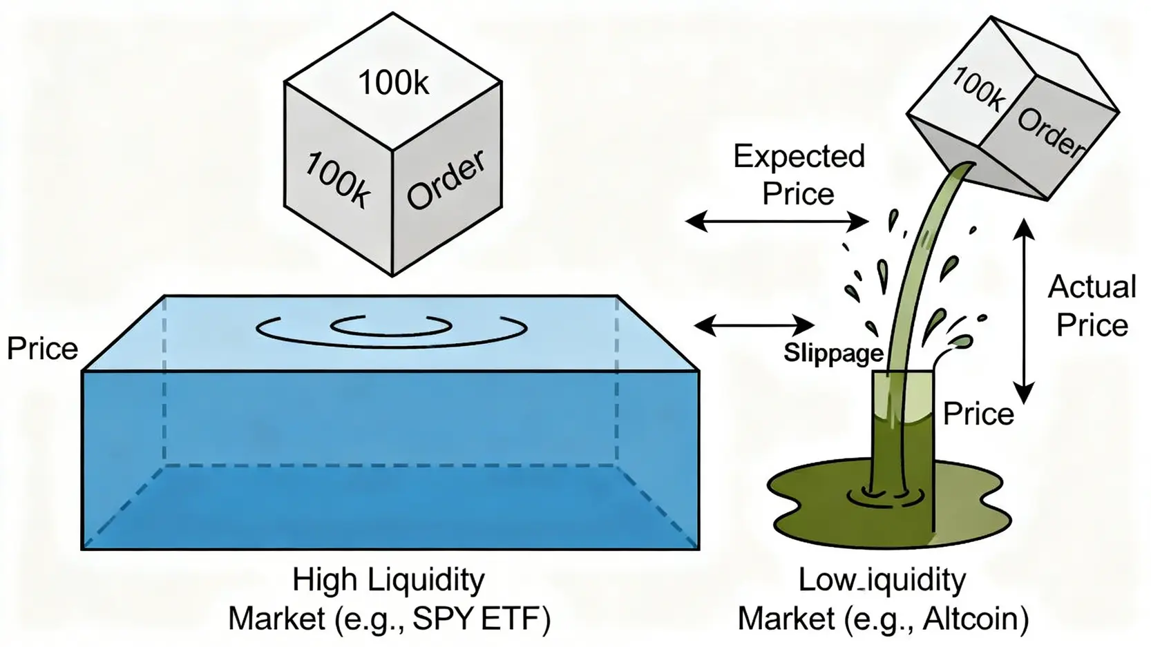 市場滑點成本對比圖,顯示高流動性市場(如股票ETF)與低流動性市場(如山寨幣)在執行大額訂單時的價格衝擊差異。