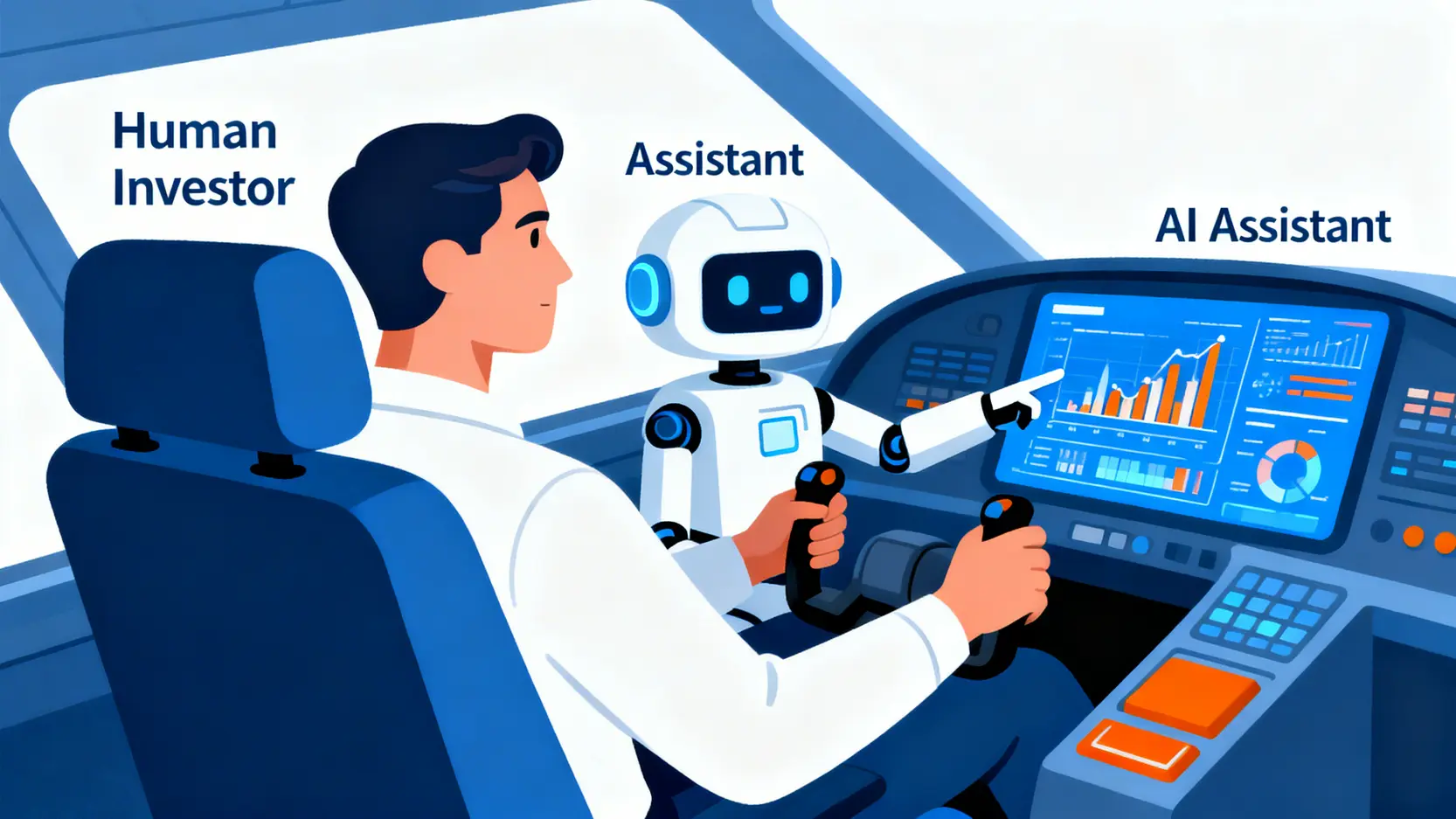 人類投資者與AI副駕協作示意圖,人類掌握決策,AI提供數據支持。