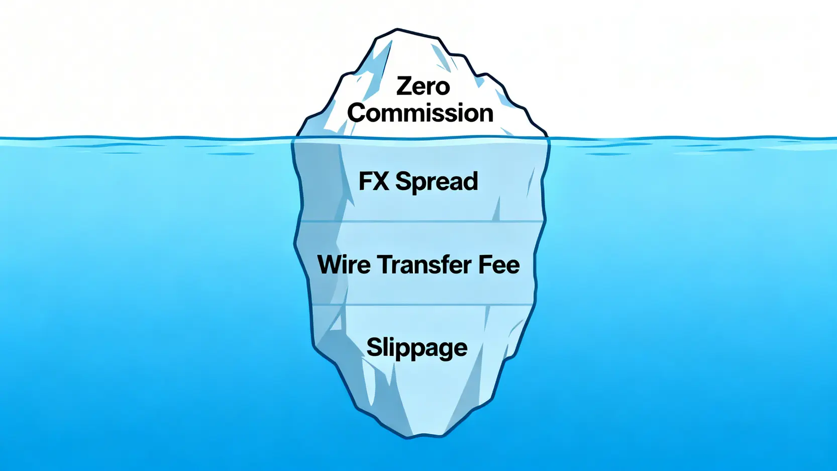 總持有成本(TCO)冰山圖,顯示零手續費只是表面,真正的成本隱藏在水下的換匯價差、電匯費和滑點中。
