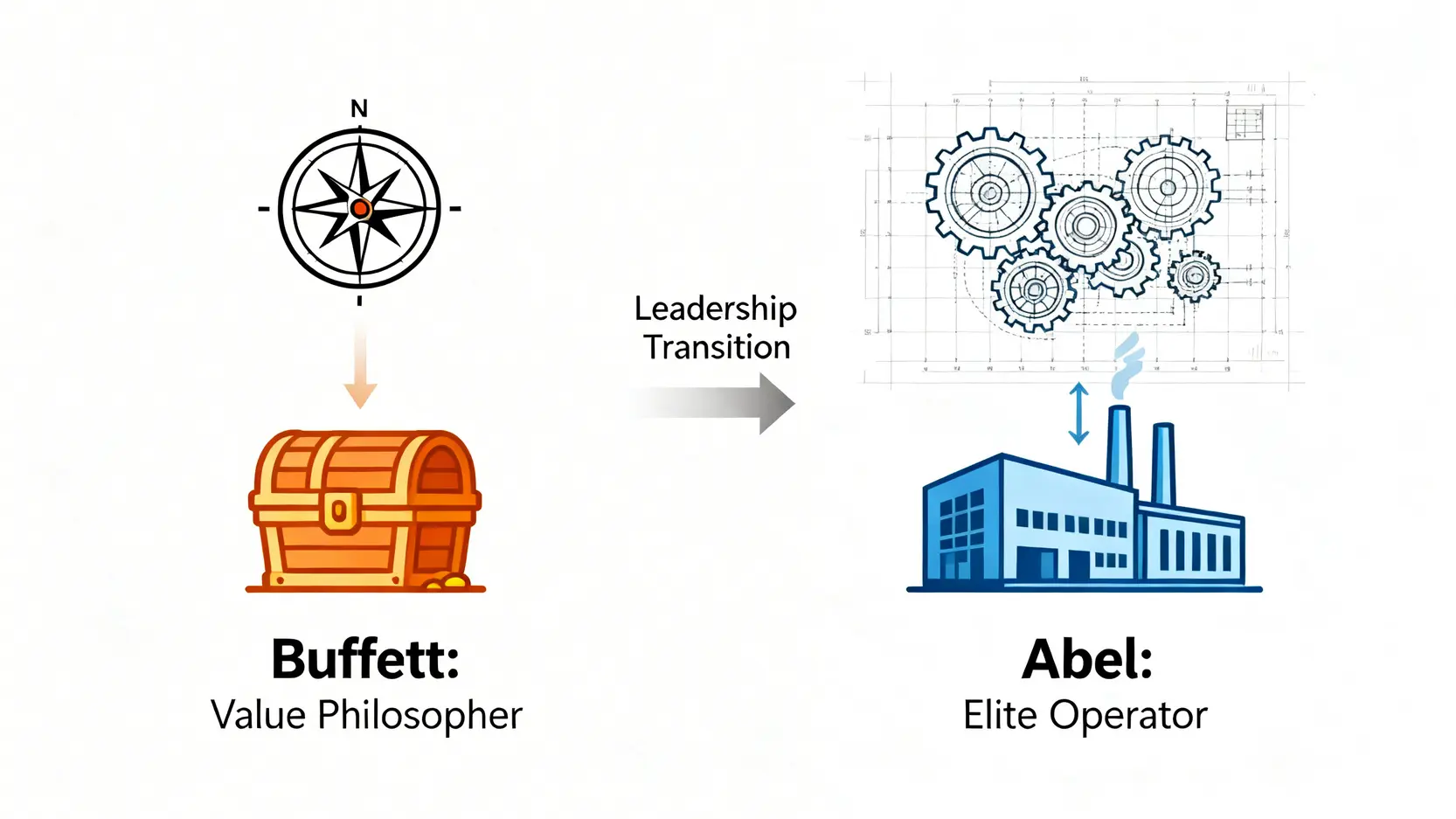 巴菲特與繼任者阿貝爾的投資風格對比圖,左邊是代表價值哲學的指南針,右邊是代表卓越運營的藍圖。