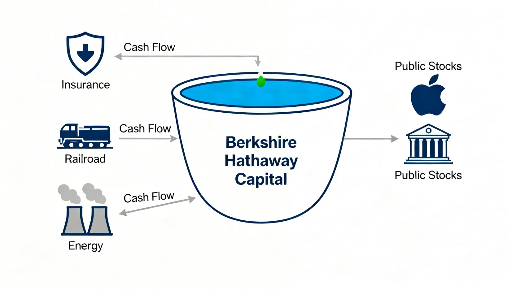 波克夏海瑟威的業務結構示意圖,展示其保險、鐵路和能源業務如何產生現金流,再投資於股票市場。