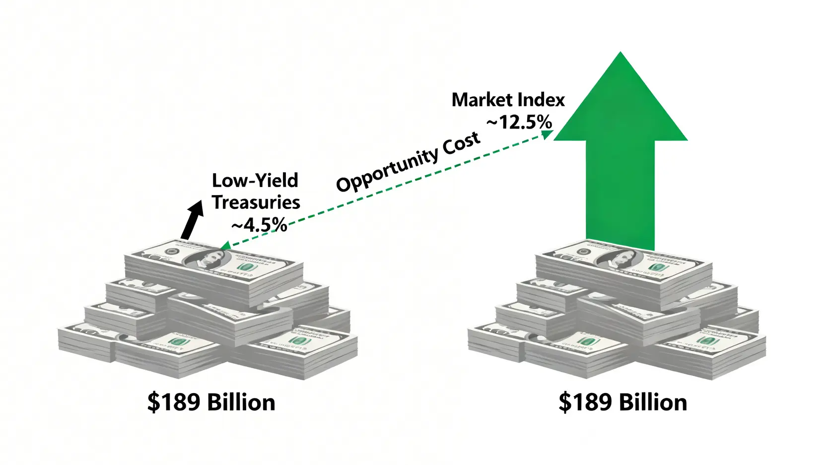 一張對比圖,顯示將巨額現金投資於低收益國庫券與投資於市場指數之間的機會成本差異。