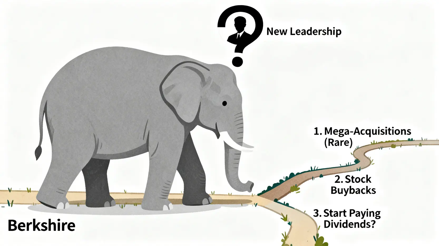 一張概念圖,描繪一隻名為「波克夏」的大象面臨狹窄的投資路徑,象徵其「規模的詛咒」與再投資的挑戰。