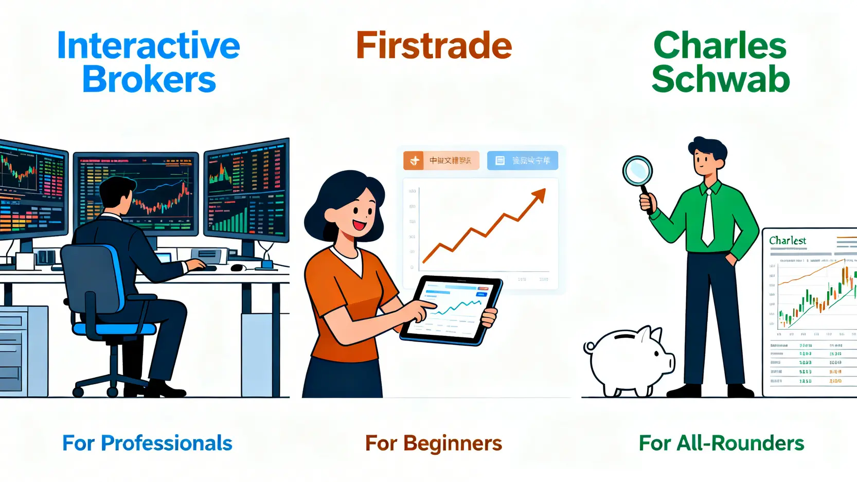 三大美股券商(IB、Firstrade、嘉信證券)的用戶定位示意圖,分別代表專業交易者、新手投資者與全能型用戶。