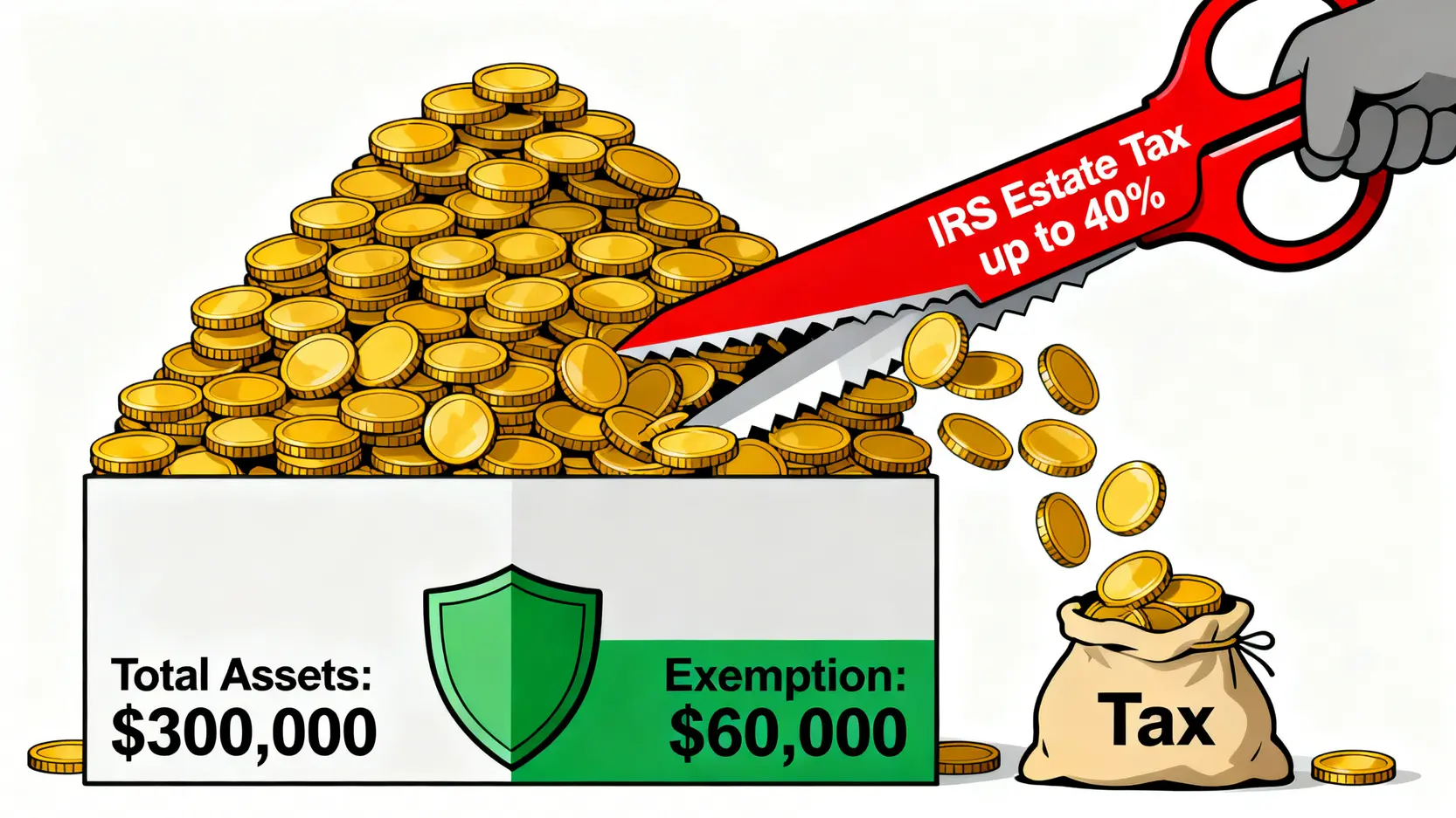 非美國居民的美股遺產稅風險示意圖,顯示超過六萬美元免稅額的資產將被課徵高達40%的重稅。