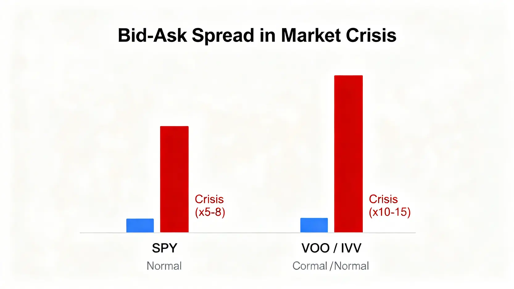 市場壓力測試下的ETF買賣價差擴大對比圖,顯示在市場崩盤時,VOO與IVV的價差擴大倍數遠高於SPY。