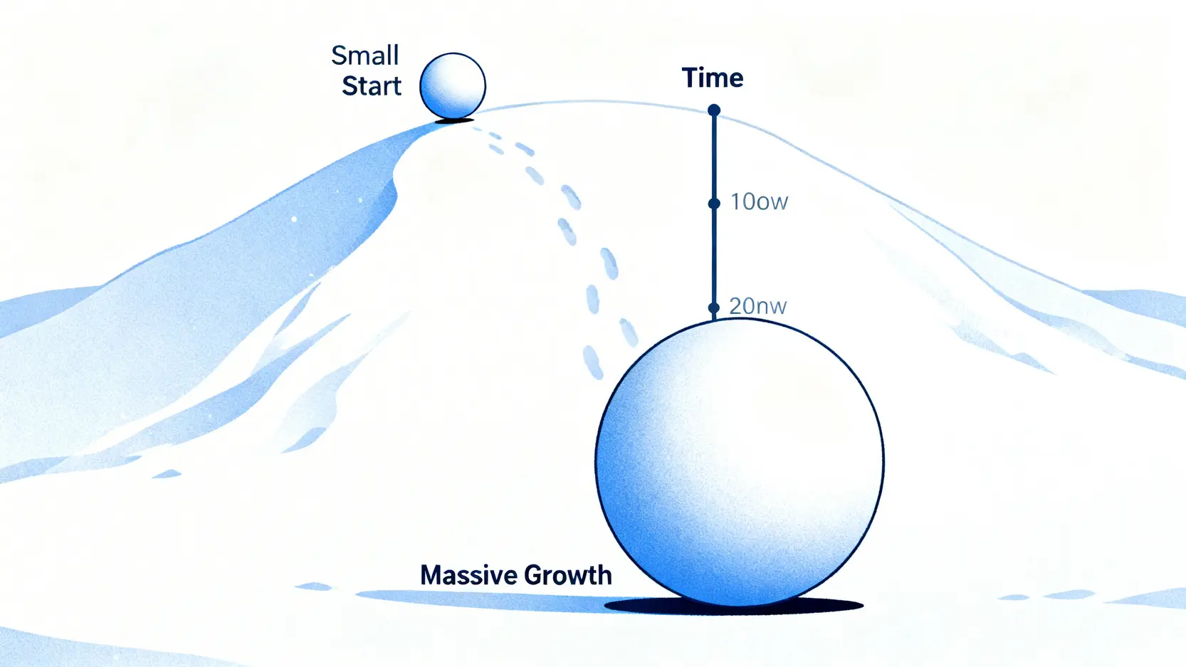 複利效應示意圖,展示一顆小雪球從山頂滾下,隨著時間推移變成一顆巨大的雪球,象徵長期投資的指數級增長。