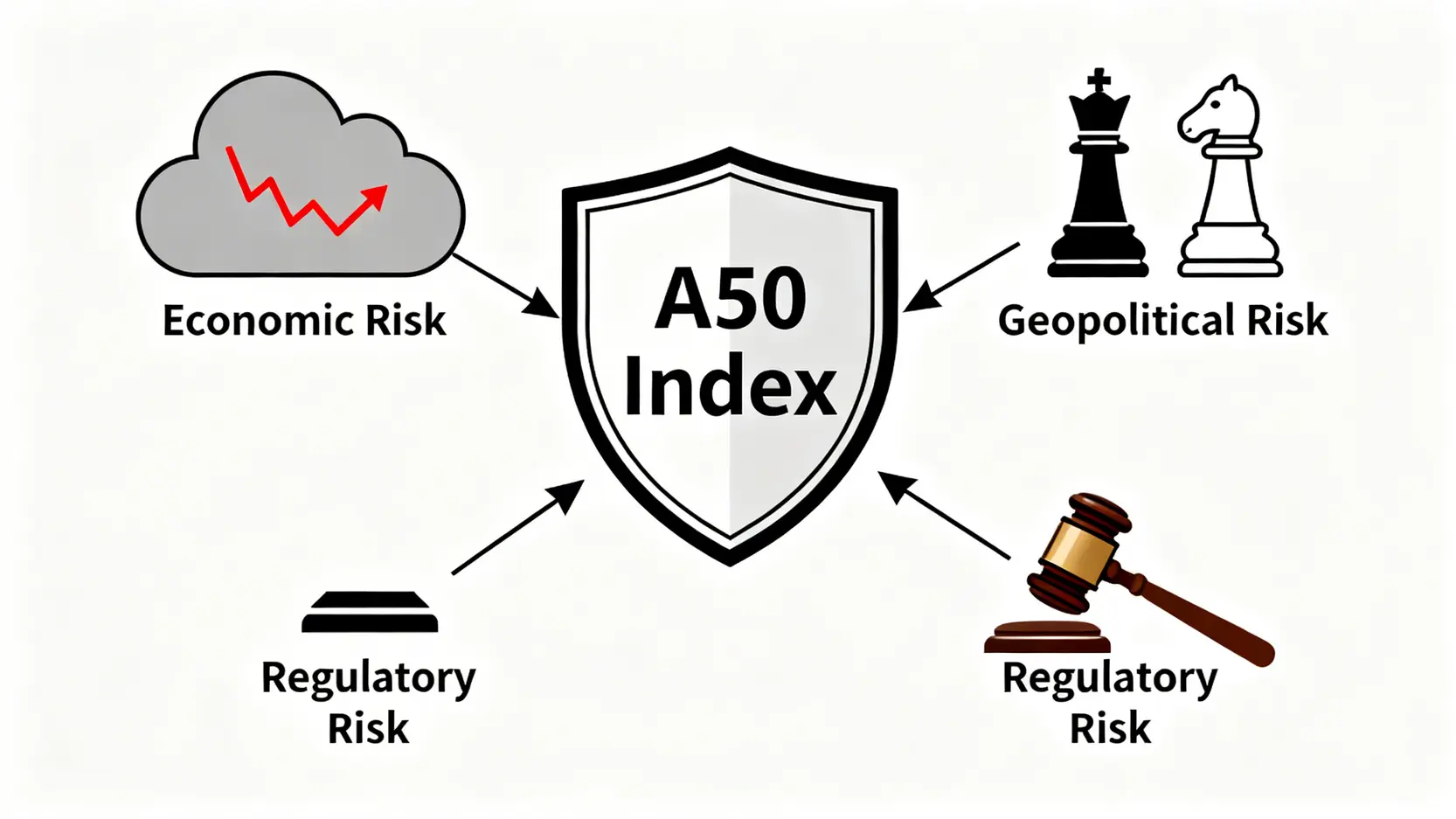 2026年投資A50面臨的三大風險示意圖:宏觀經濟、地緣政治與監管政策。