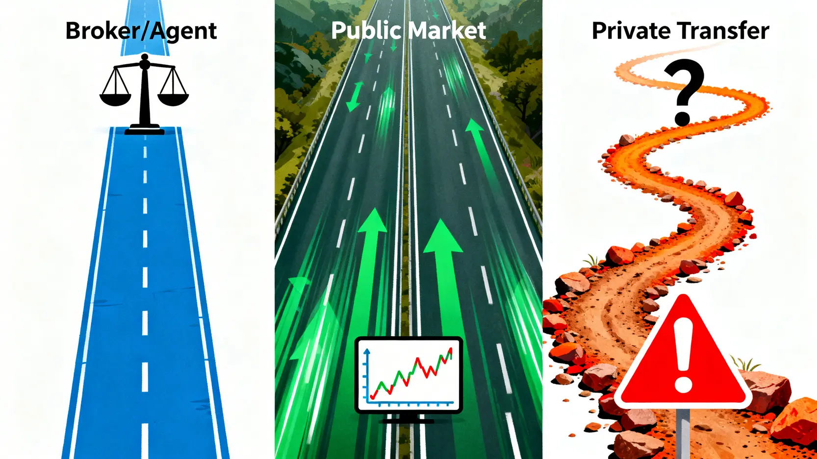 三種原始股賣出管道的風險與效率比較圖,分別為券商代理、公開市場交易與私人間轉讓。