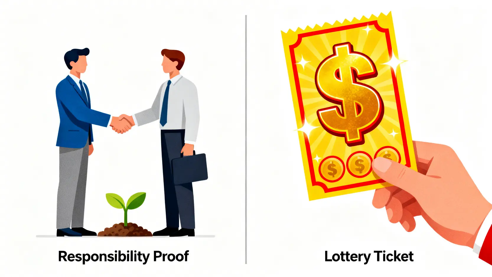一張對比圖,左邊是象徵責任證明的商業合作,右邊是象徵投機的彩票。