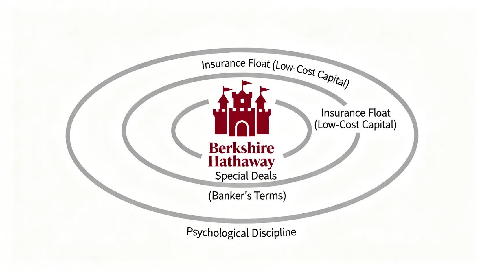 一張概念圖,展示一座由三層護城河保護的城堡,分別標示為『保險浮存金』、『特殊交易條款』和『心理紀律』。