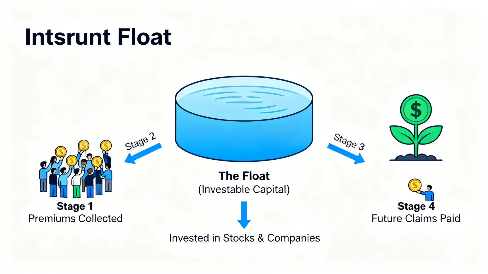 一張解釋保險浮存金運作機制的流程圖。圖中顯示保費流入形成一個資金池(浮存金),這筆錢被用於投資產生回報,之後再從中支付未來的理賠金。