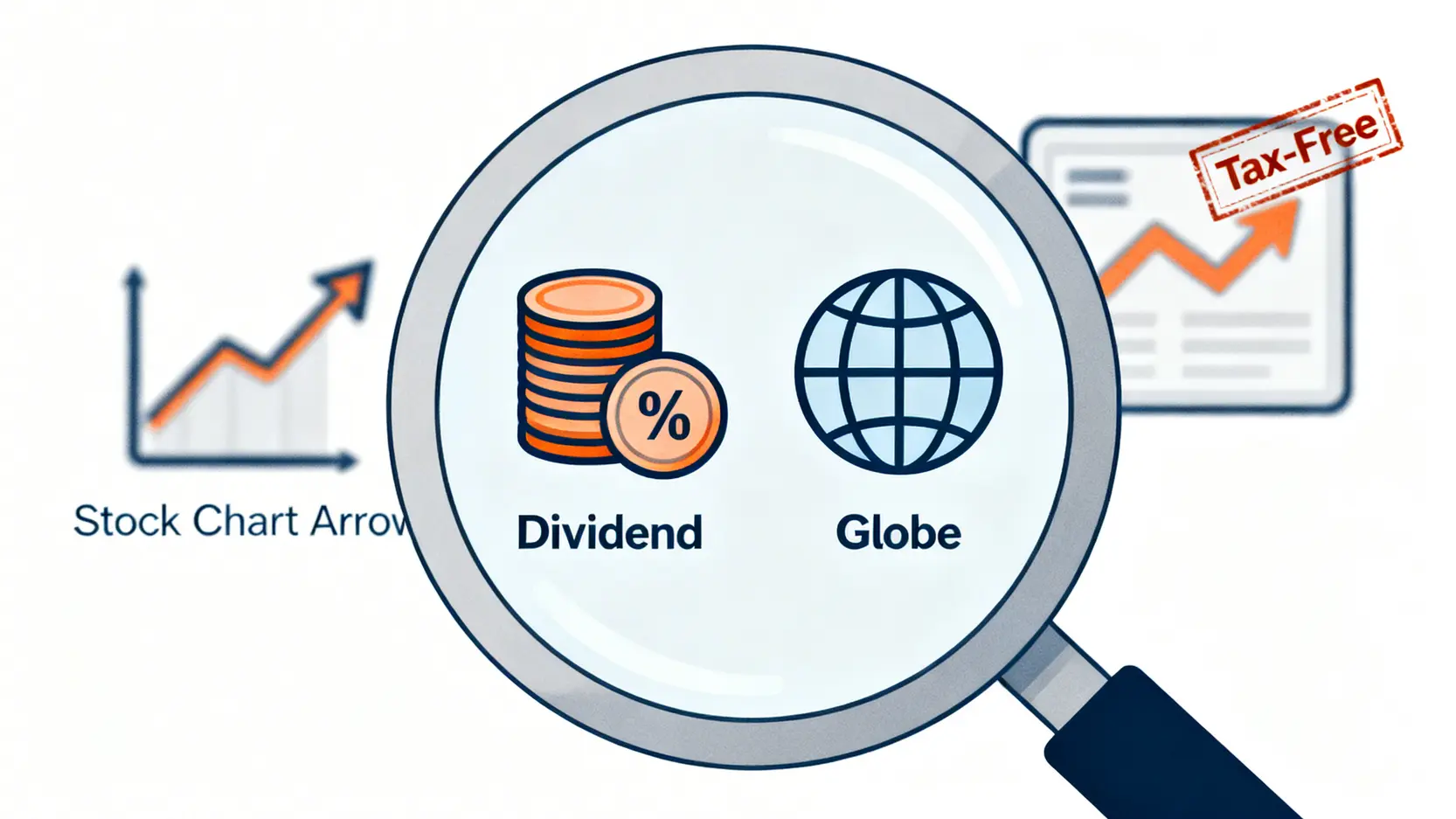 一張概念圖,顯示放大鏡聚焦在股利所得和海外所得圖標上,而背景中的資本利得圖標則被標示為免稅,說明稅務規劃的重點。