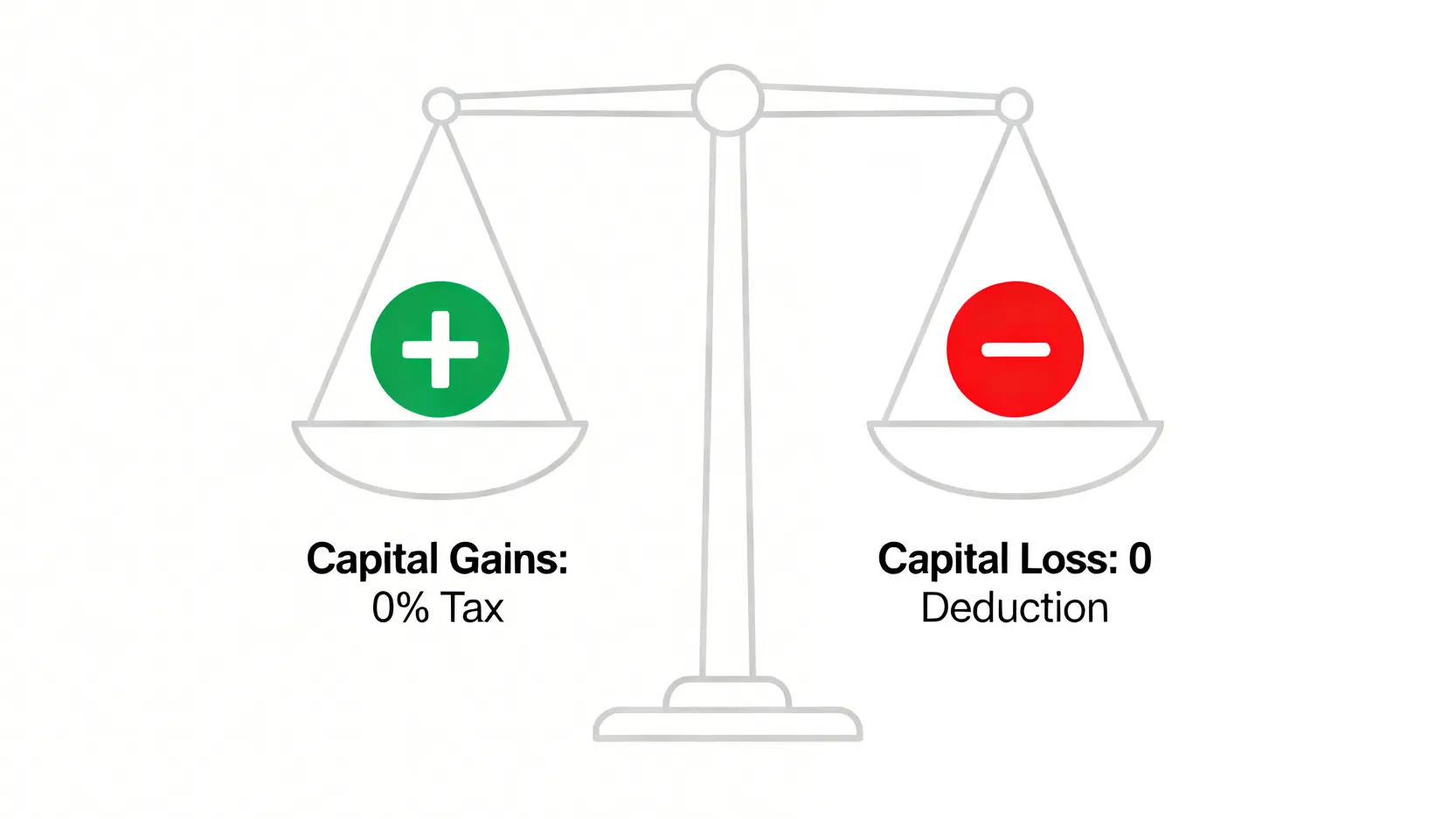 一個平衡的天平,一端是「資本利得免稅」,另一端是「資本虧損無法抵扣」,說明NRA稅務的對稱性。