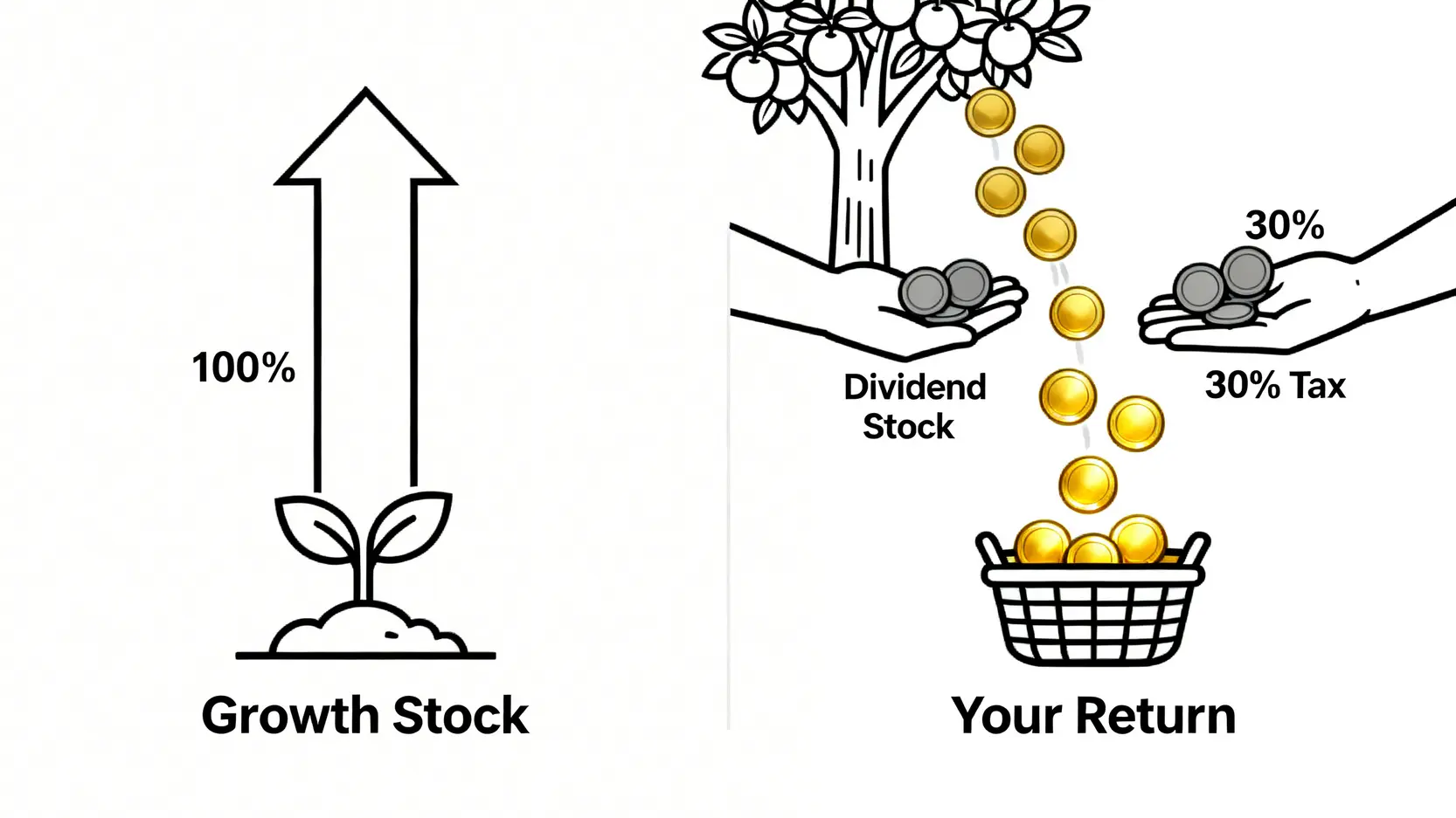 一張對比圖顯示成長股的收益與股息股的收益,後者的股息被預扣了30%的稅款。