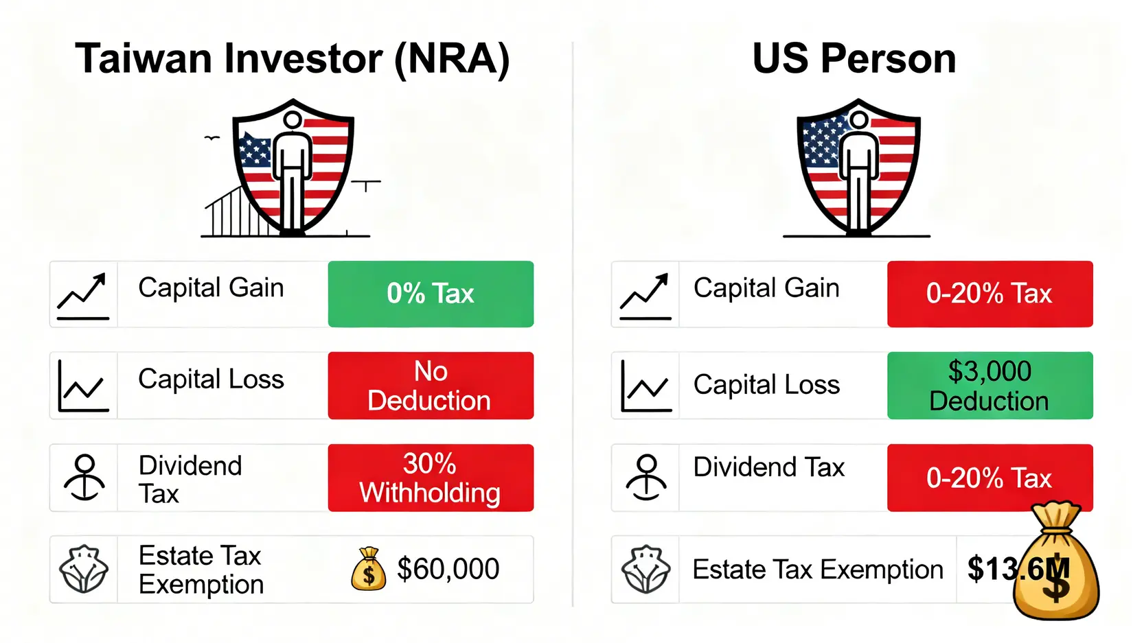 台灣投資人(NRA)與美國稅務居民在美股投資上的稅務差異對比圖,涵蓋資本利得、虧損、股息和遺產稅。