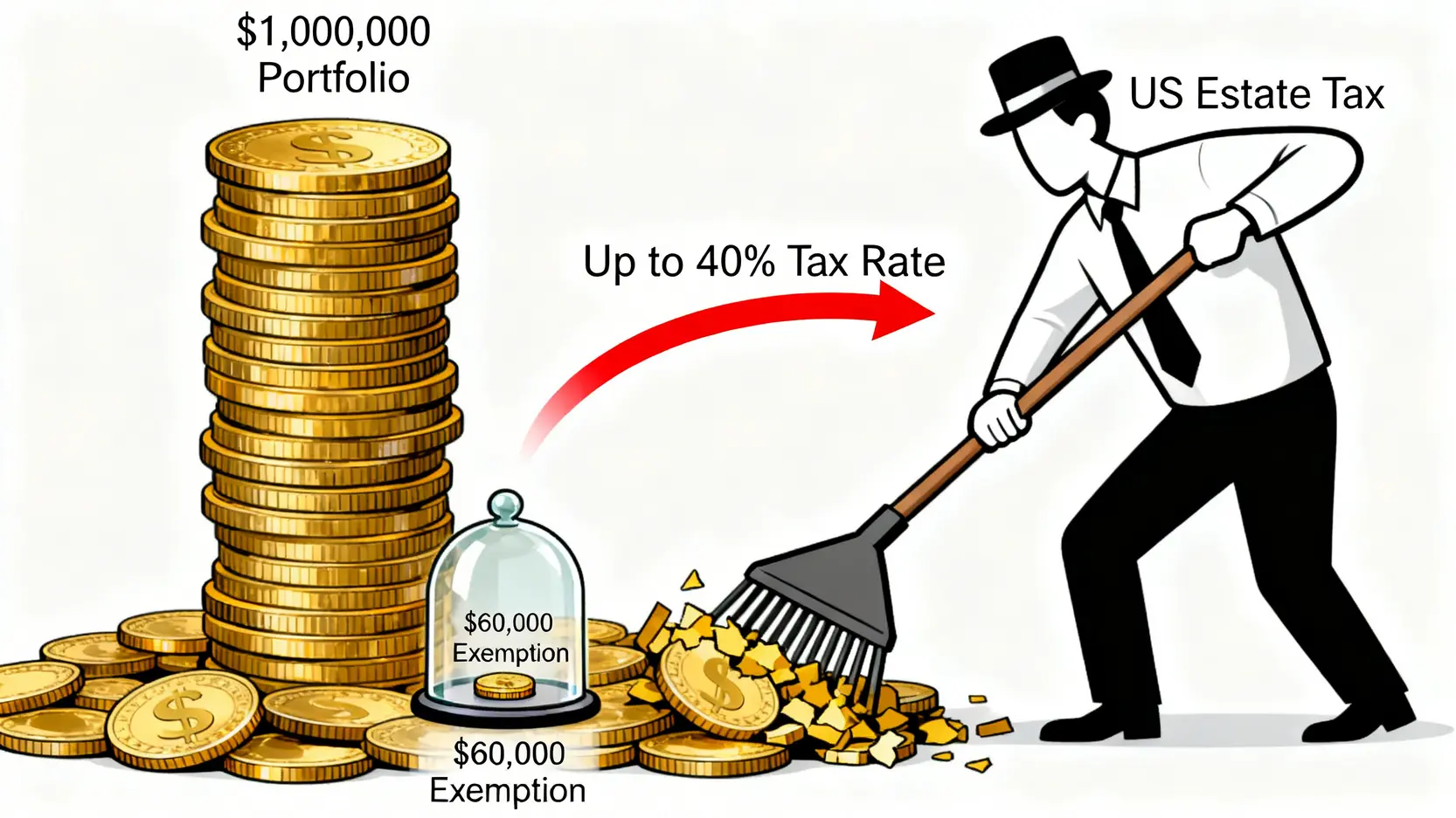 美國遺產稅風險示意圖,顯示一個百萬美元的資產組合中,只有極小的六萬美元免稅額,其餘大部分資產都面臨高達40%的遺產稅風險。