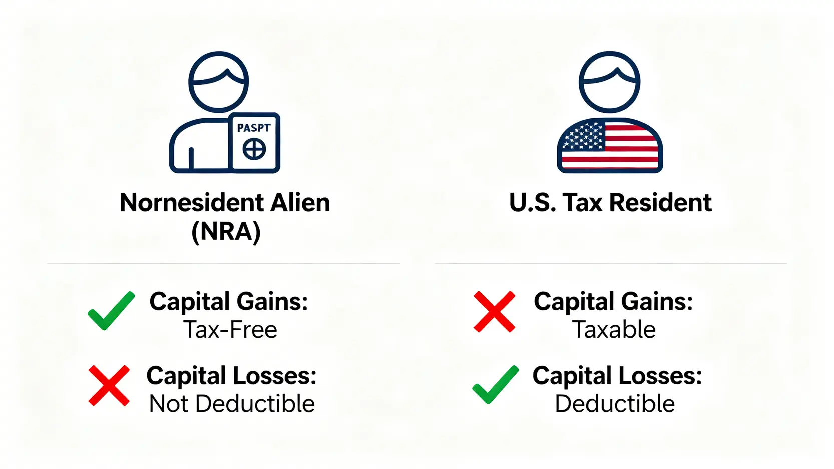 一張圖表比較非居民外國人(NRA)與美國稅務居民在美股資本利得與虧損上的稅務差異。