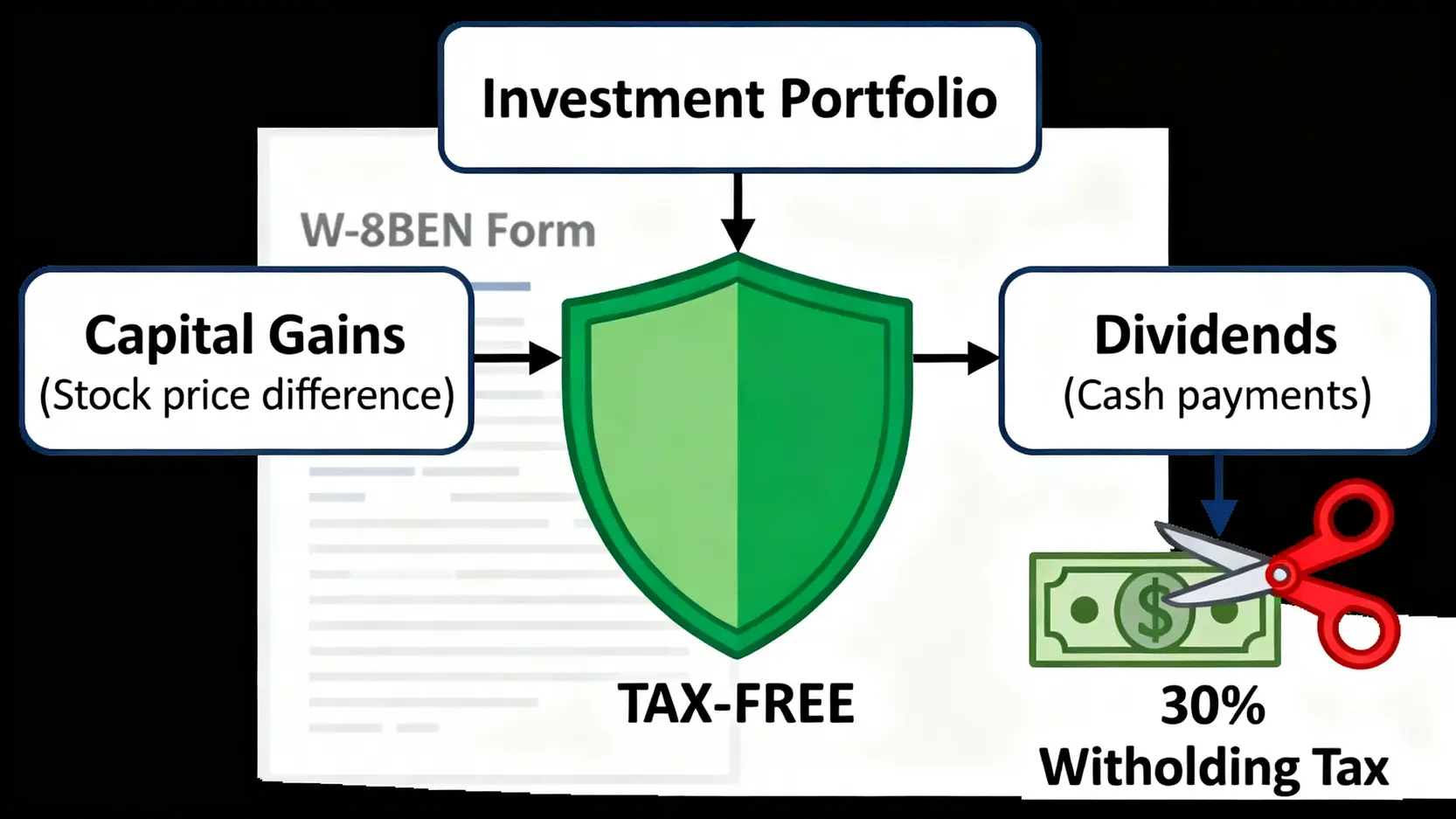 一張示意圖解釋非居民外國人(NRA)在美股投資中的兩種收入路徑:資本利得免稅,而現金股利則被預扣30%稅款。