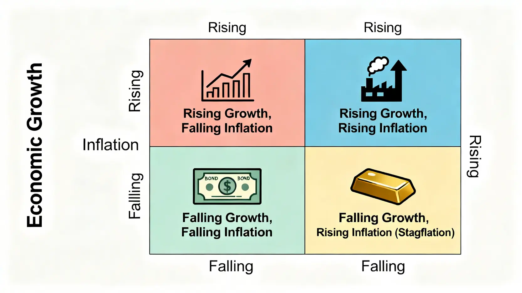 橋水基金全天候策略的四種宏觀經濟場景矩陣圖。