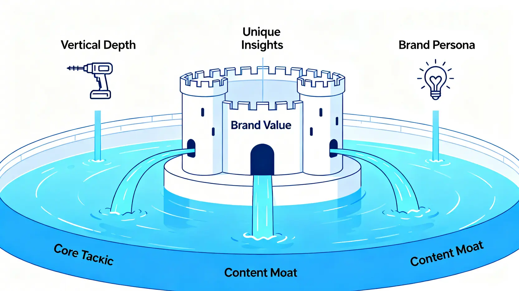 內容護城河概念圖,展示了垂直深度、獨家觀點和品牌人設三大戰術如何共同保護品牌價值。