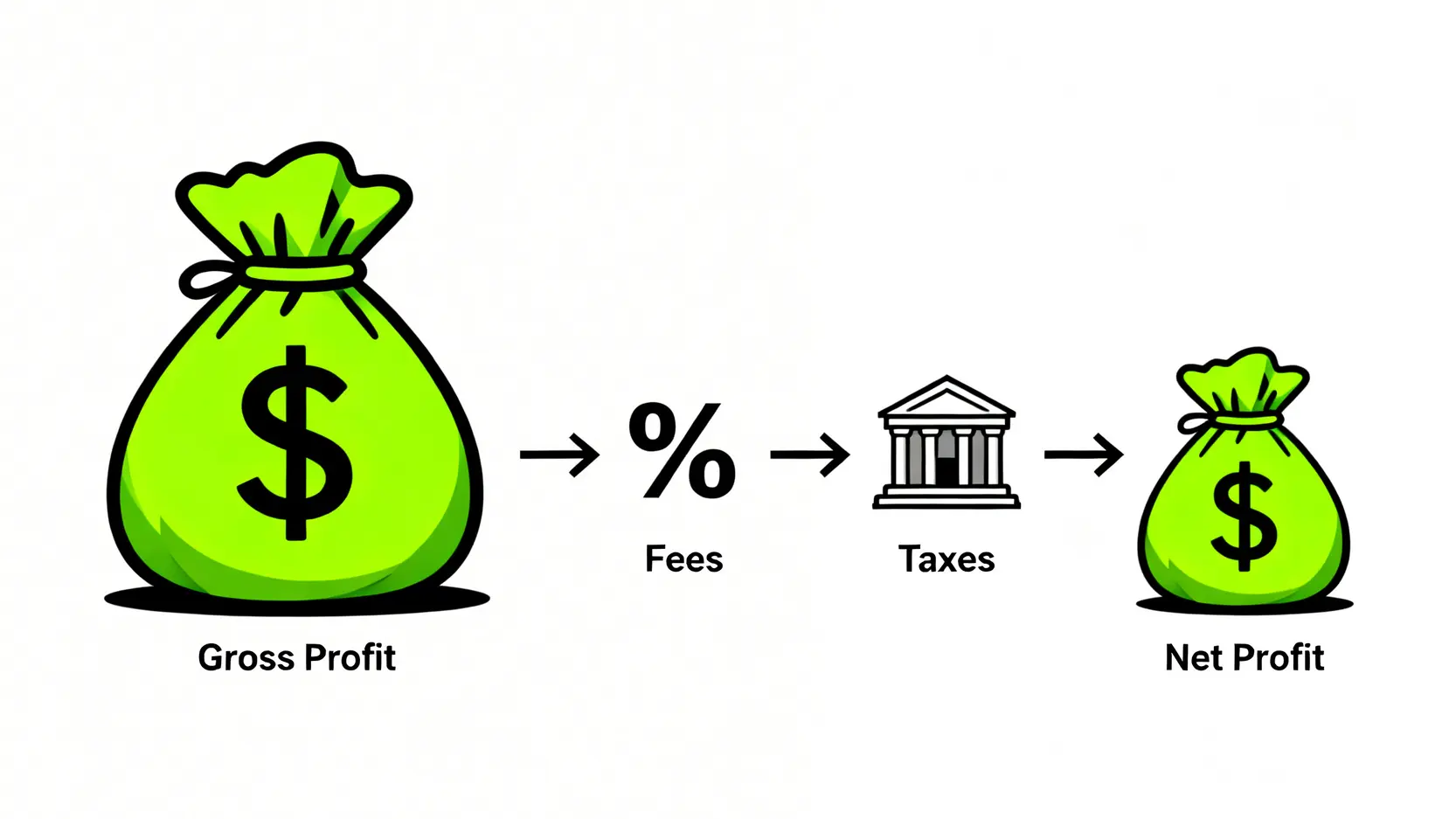 一張概念圖,展示了帳面總獲利經過手續費和稅務等成本扣除後,變為較少的實際淨利的過程。